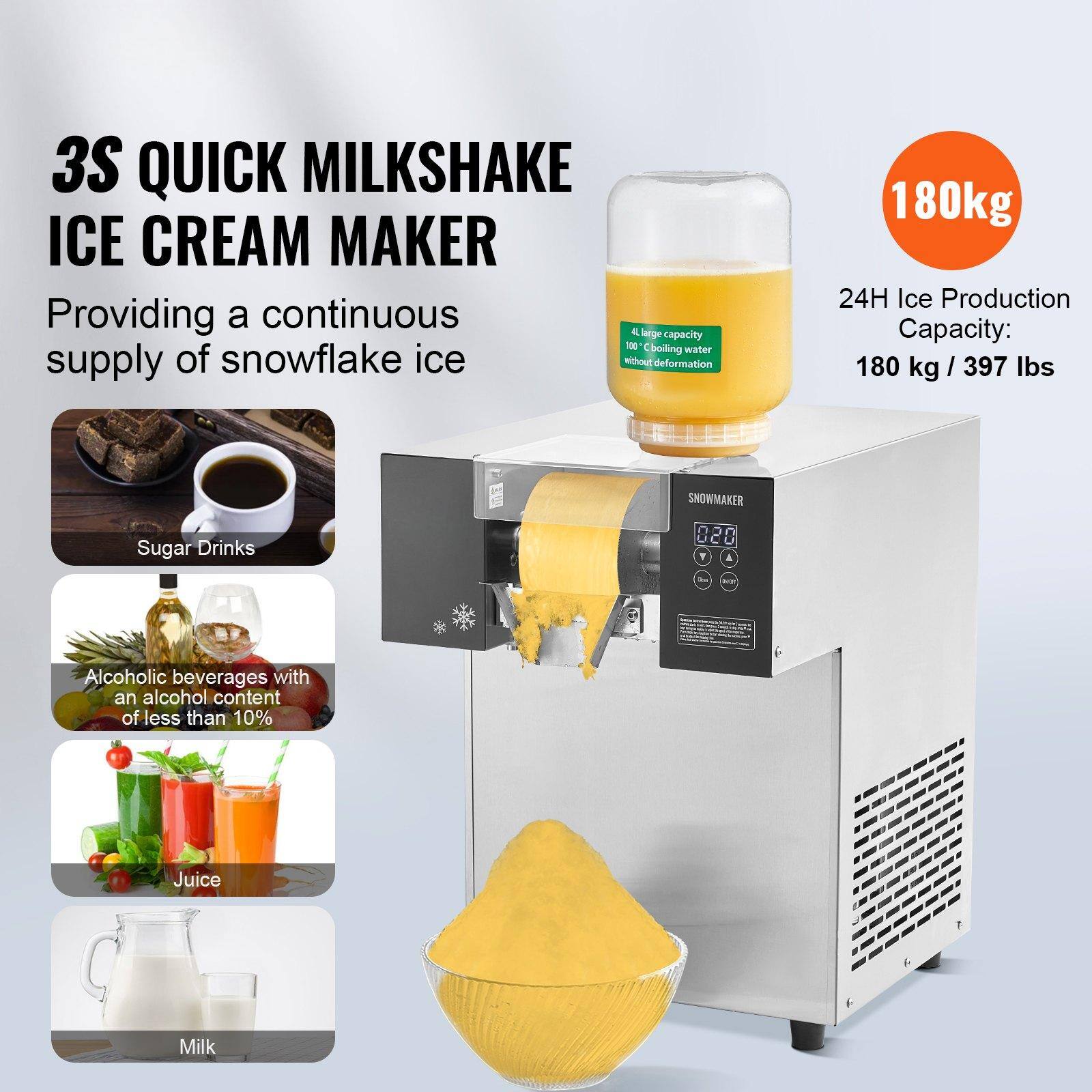 3S QUICK MILKSHAKE ICE CREAM MAKER  
Providing a continuous supply of snowflake ice  

180kg  
24H Ice Production Capacity: 180 kg / 397 lbs  

Sugar Drinks  
Alcoholic beverages with an alcohol content of less than 10%  
Juice  
Milk  

4L large capacity 100° boiling water without deformation