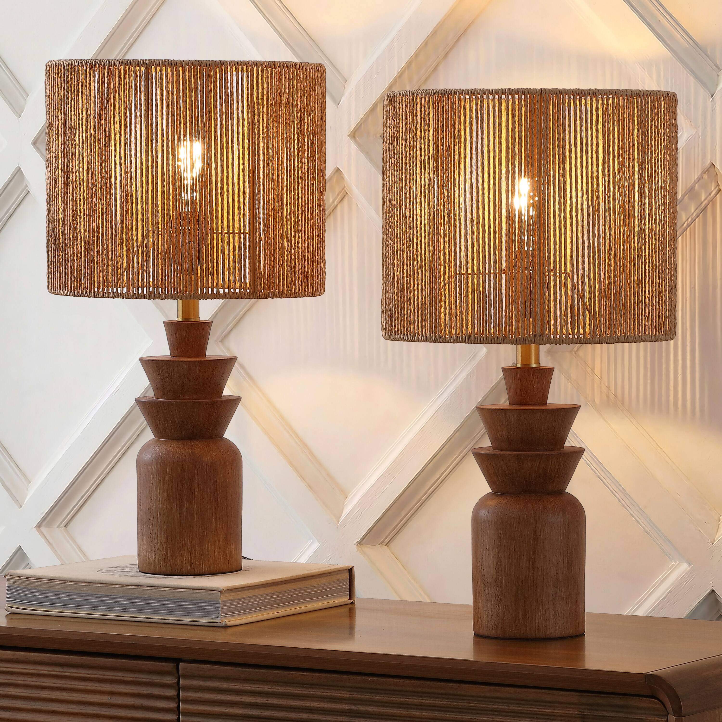 Alt View 1. Jonathan Y - Anderson 22 in.Tiered Totem Resin with Hand-Woven Paper Rope Drum Shade LED Table Lamp, Brown Wood Finish (Set of 2) - Brown Wood Finish.