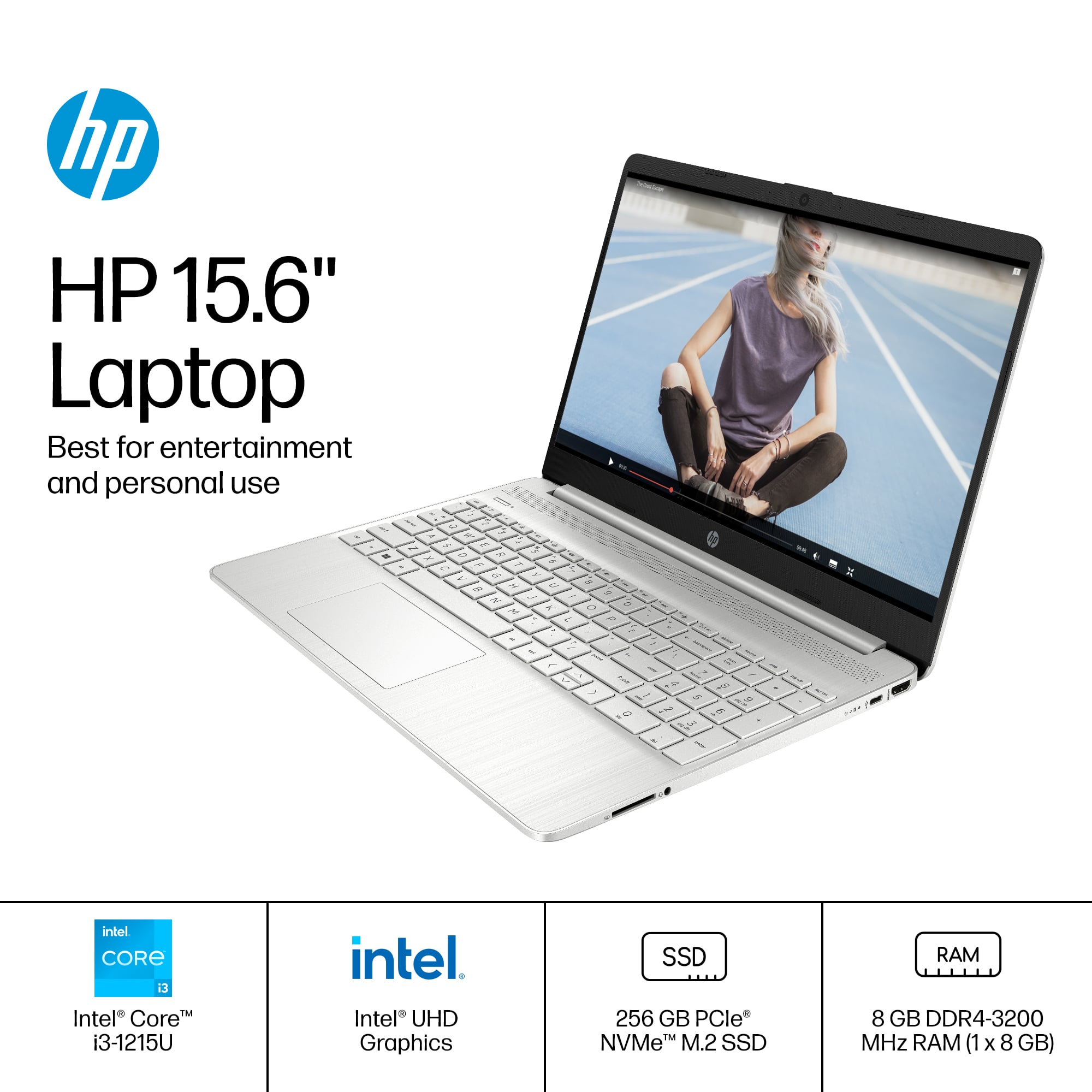 The text on the image is already grouped and correctly formatted. It reads:
"hp HP 15.6" Laptop Best for entertainment and personal use - 1 1 .. - - - - . - - - + - - - - - F - -- 3 . F - 5 - M - - - + N 1 - O - 4 a - - 1 - - A J - d 1 - 1 - - M - ... - - - - C... intel CORE i3 M Intel Core i3-1215U intel. Intel UHD Graphics SSD 256 GB PCle M NVMe M.2 SSD RAM 8 GB DDR4-3200 MHz RAM (1 x 8 GB)"