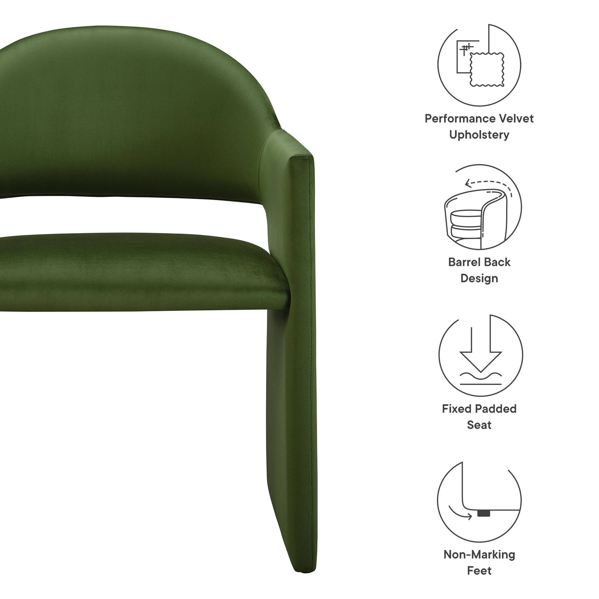 Performance Velvet Upholstery  
Barrel Back Design  
Fixed Padded Seat  
Non-Marking Feet
