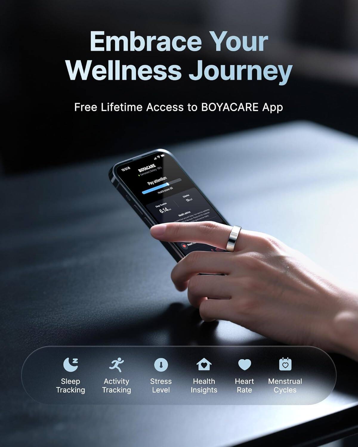 Embrace Your Wellness Journey  
Free Lifetime Access to BOYACARE App  

BOYACARE E PHL  
attention Hathsom Gsts 1 Sep n 6.14  

- Sleep Activity Tracking  
- Stress Level  
- Health Insights  
- Heart Rate  
- Menstrual Cycles
