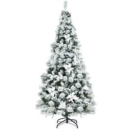 Costway - 6ft Snow Flocked Hinged Christmas Tree w/Berries & Poinsettia Flowers - Green/White