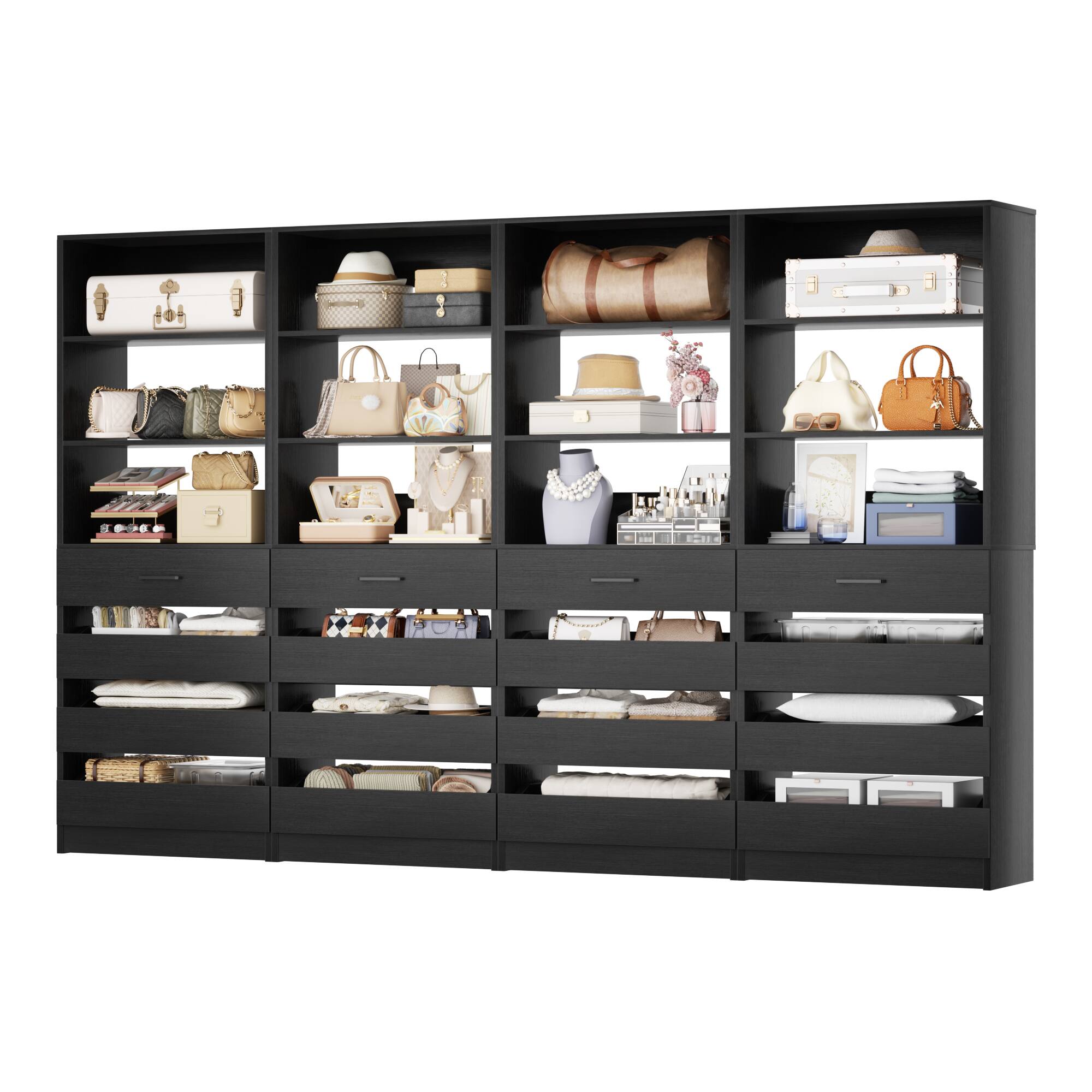Alt View 1. Aheaplus - 4 Pack Wood Storage Organizer: 4 Drawers & 3 Shelves, Wall-Mountable for Kitchen,Living Room,Bedroom - Black.