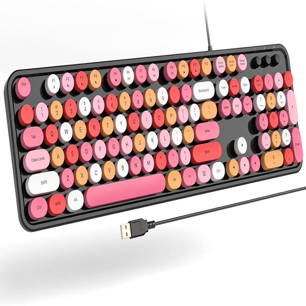 MOSZAR LLC - Computer Wired USB Keyboard - Full-Size Round Keycaps Retro Typewriter - Black