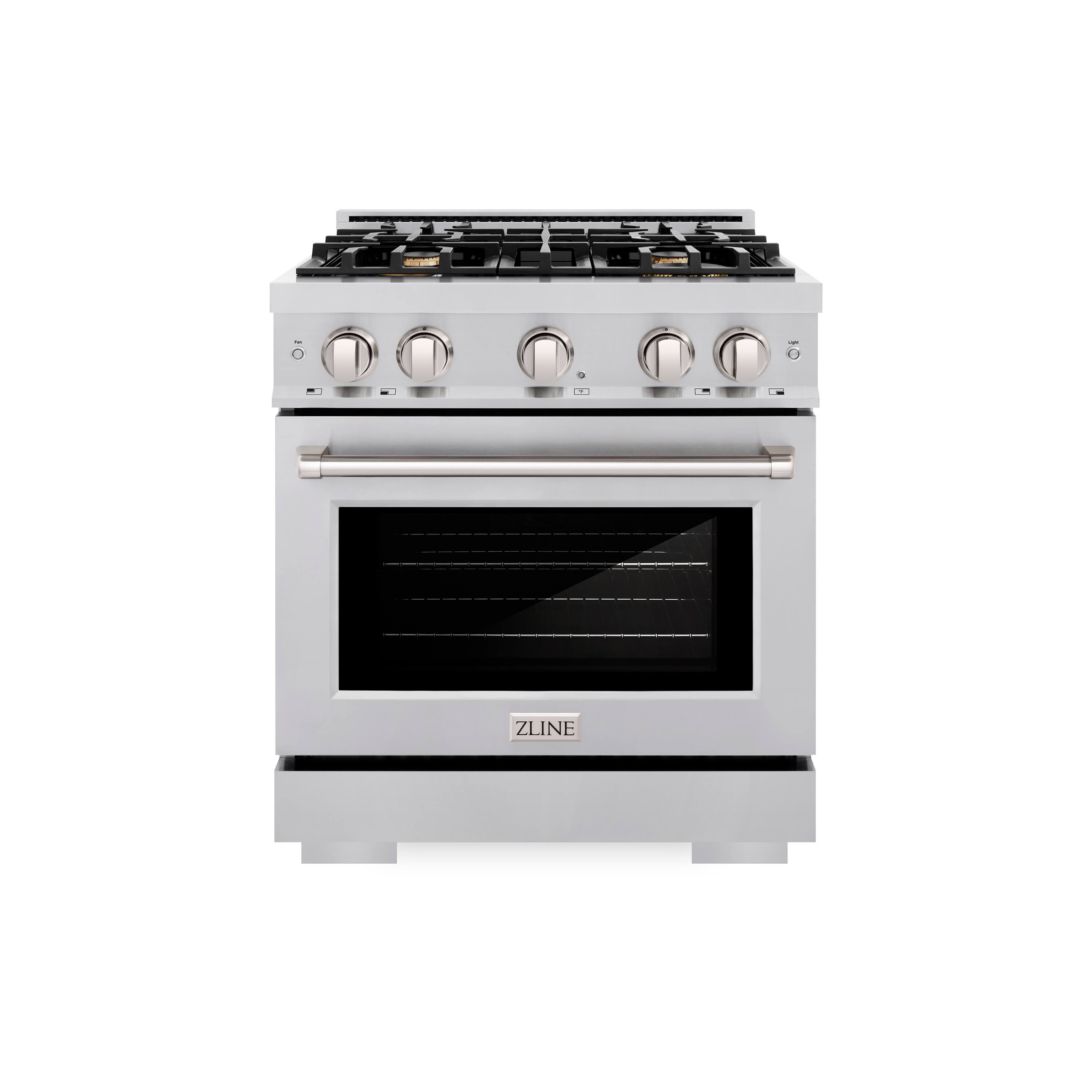 Left. ZLINE - ZLINE 30 in. 4.2 cu. ft. Freestanding Select Gas Range w/ Convection Oven in Stainless Steel w/ 4 Brass Burners - Stainless Steel.