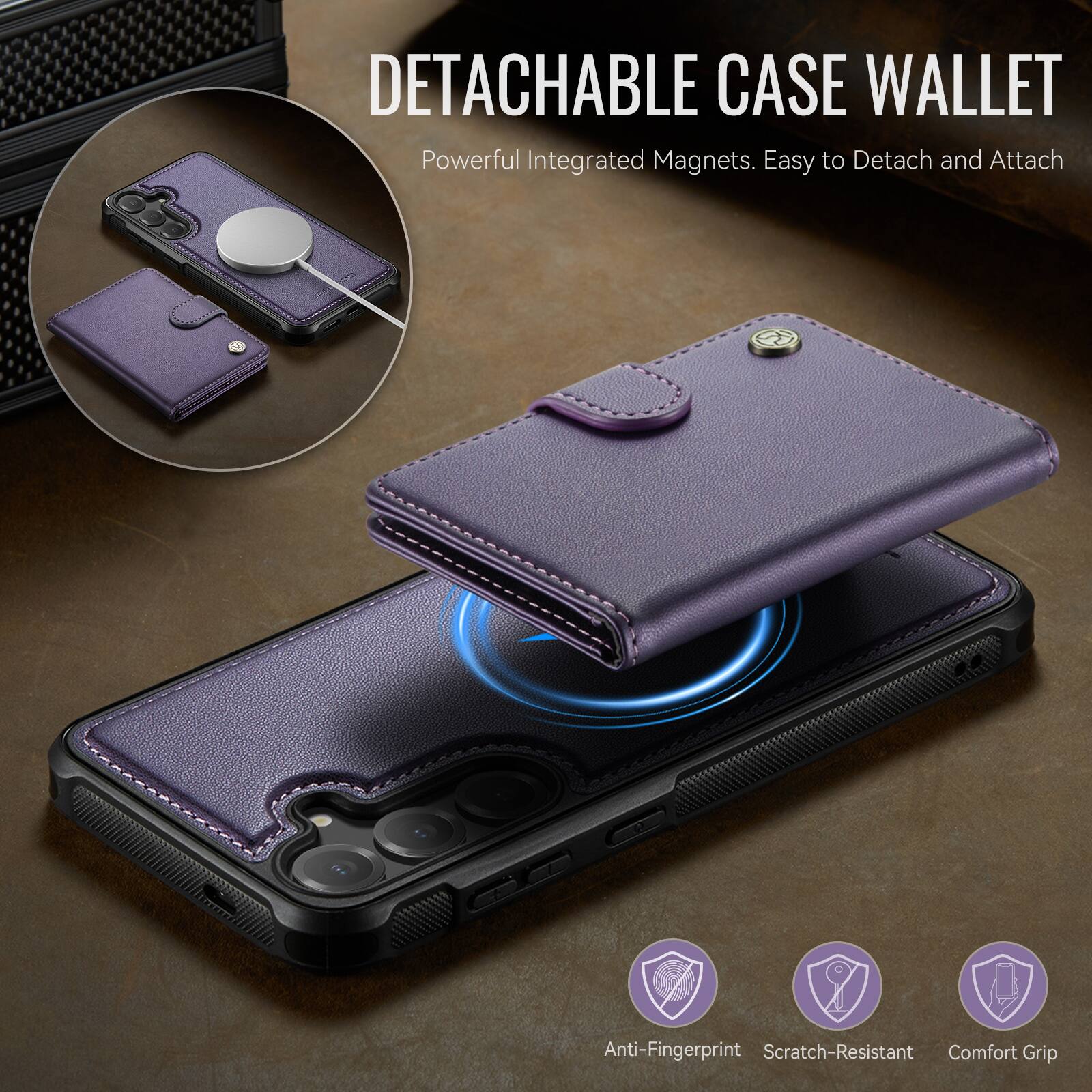DETACHABLE CASE WALLET  
Powerful Integrated Magnets. Easy to Detach and Attach  

Anti-Fingerprint  
Scratch-Resistant  
Comfort Grip