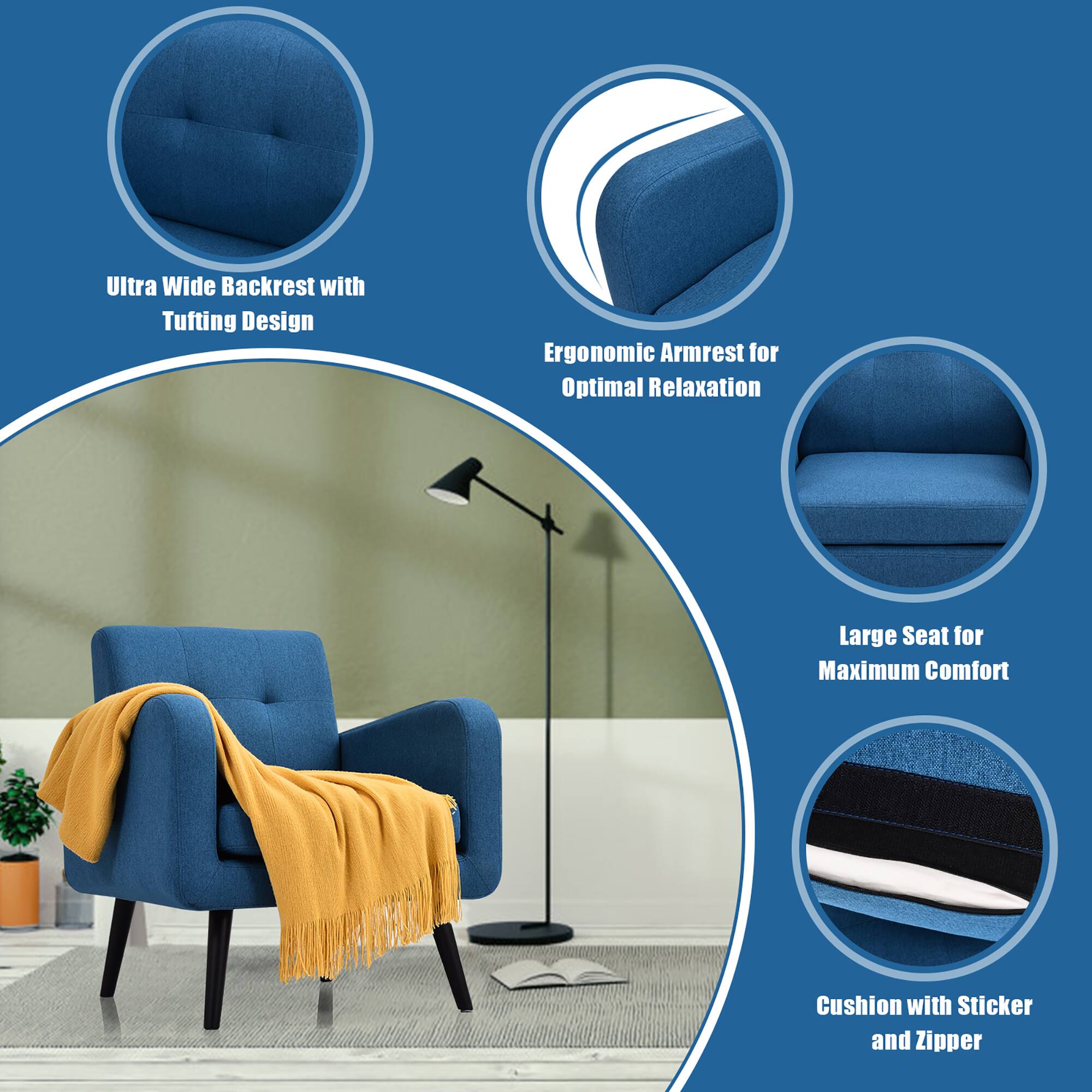 Ultra Wide Backrest with Tufting Design Ergonomic Armrest for Optimal Relaxation Large Seat for Maximum Comfort Cushion with Sticker and Zipper