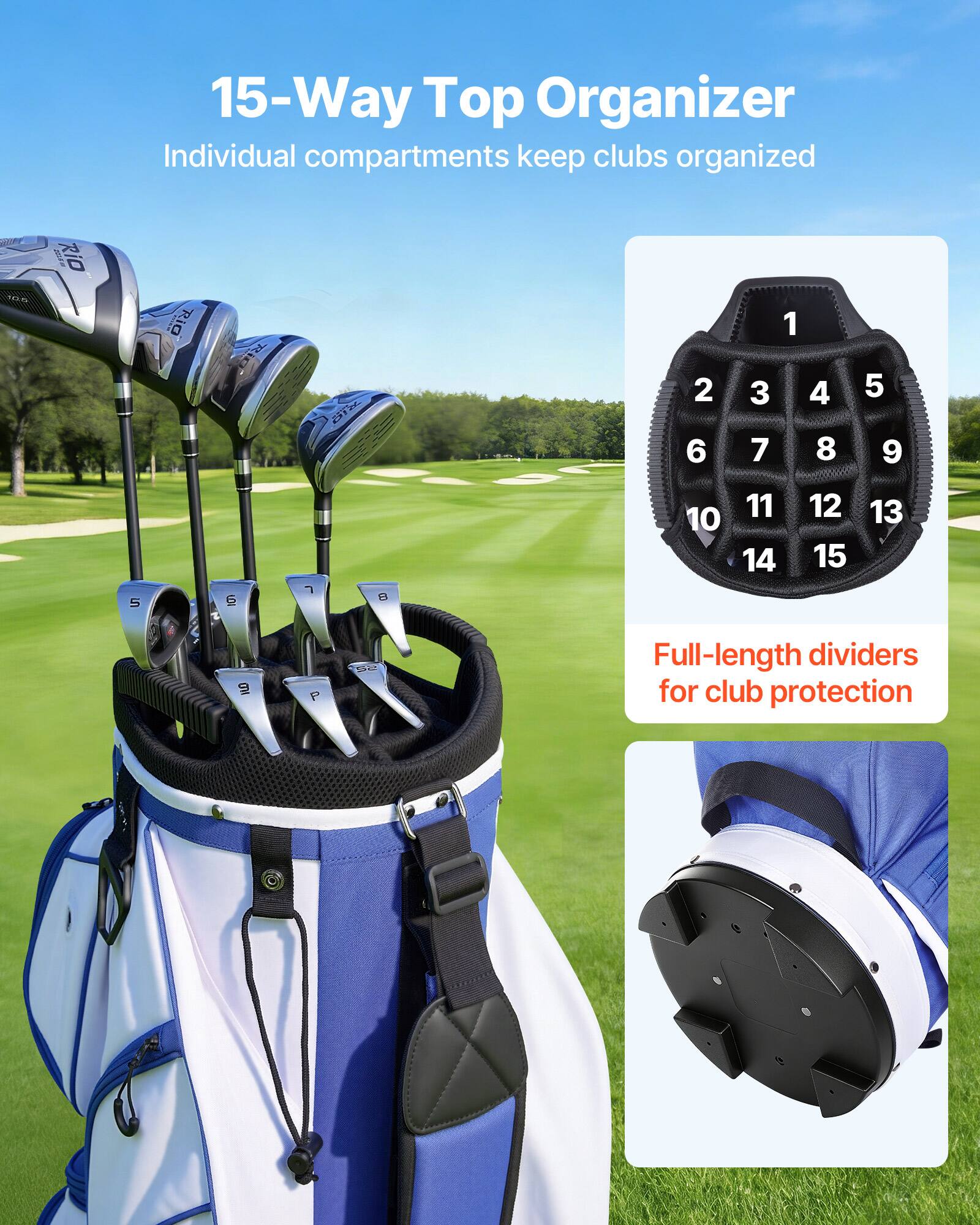 15-Way Top Organizer  
Individual compartments keep clubs organized  

Full-length dividers for club protection