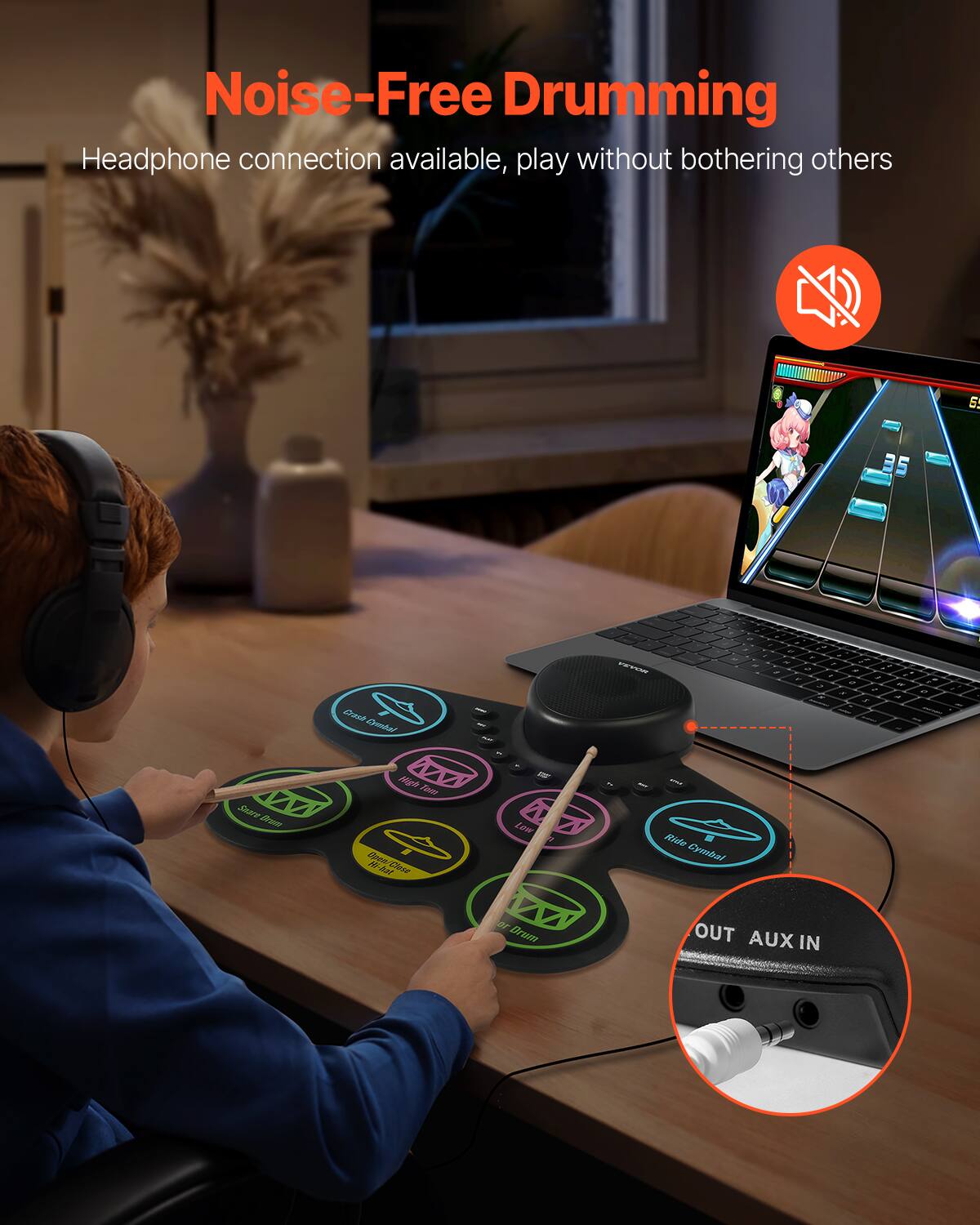 Noise-Free Drumming  
Headphone connection available, play without bothering others  

- Soare Drum  
- n  
- a  
- Cashy Drum  
- Marh E Powet  
- 4 N Low Mid  
- Cymbat  
- t-hat  
- 2M  
- OF  
- L  
- Brum  
- OUT AUX IN