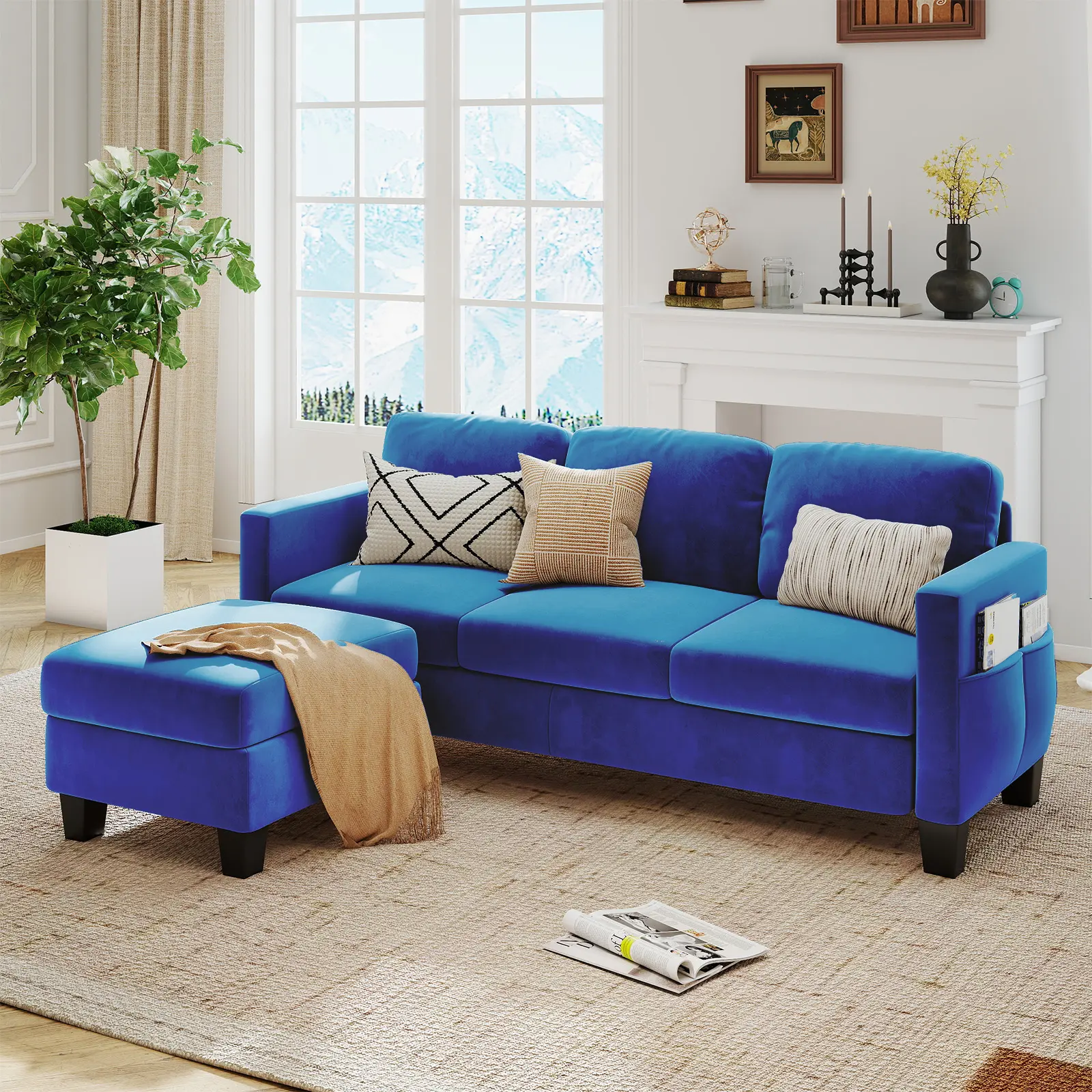 Pinmoco - 67 inch Velvet L-Shaped Sofa Modular Sofa with Storage Reversible Ottoman Sectional Sofa for Small Space - Blue