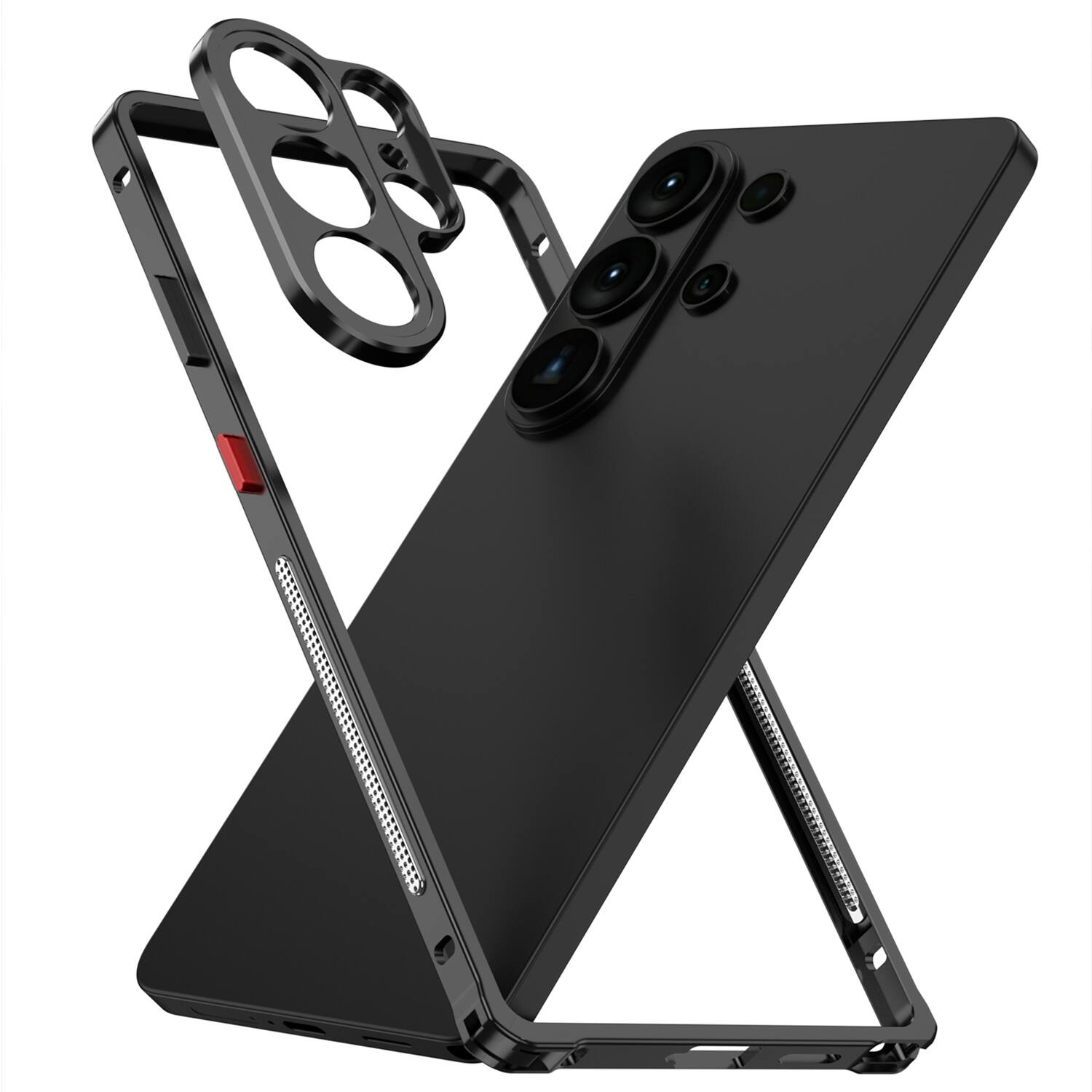 Left. Dteck - Metal Frame Heat Dissipation Rugged Shockproof Bumper Frame Phone Case with Lens Cover For Samsung Galaxy S26 - Silver.