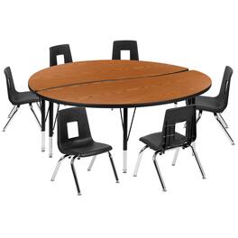 Flash Furniture - Emmy 60" Circle Wave Flexible Laminate Activity Table Set with 14" Student Stack Chairs, Oak/Black - Brown