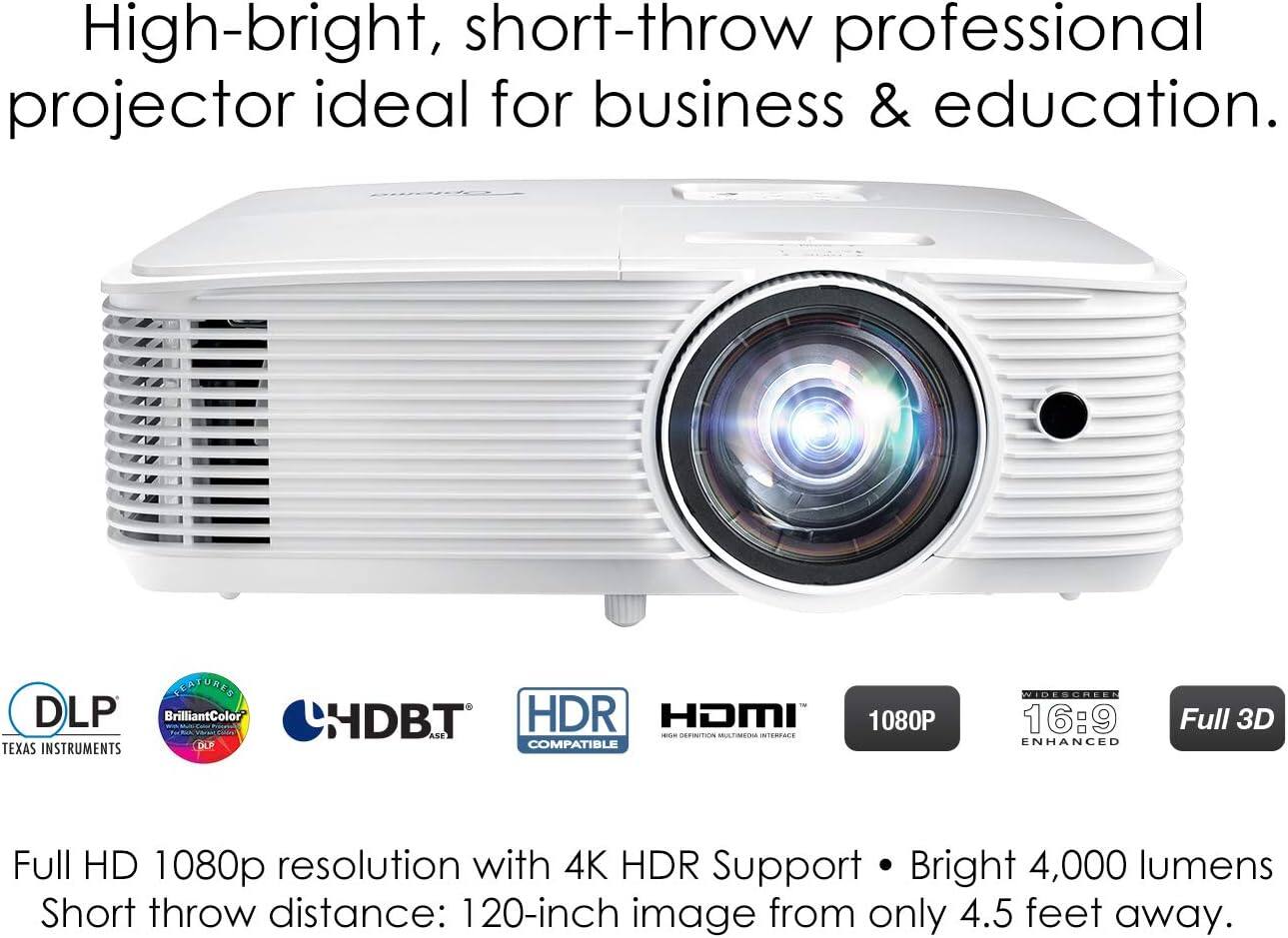 High-bright, short-throw professional projector ideal for business & education.

- DLP BrilliantColor
- HDBT
- HDR Compatible
- HDMI
- 1080P
- 16:9 Enhanced
- Full 3D

Full HD 1080p resolution with 4K HDR Support
Bright 4,000 lumens
Short throw distance: 120-inch image from only 4.5 feet away.