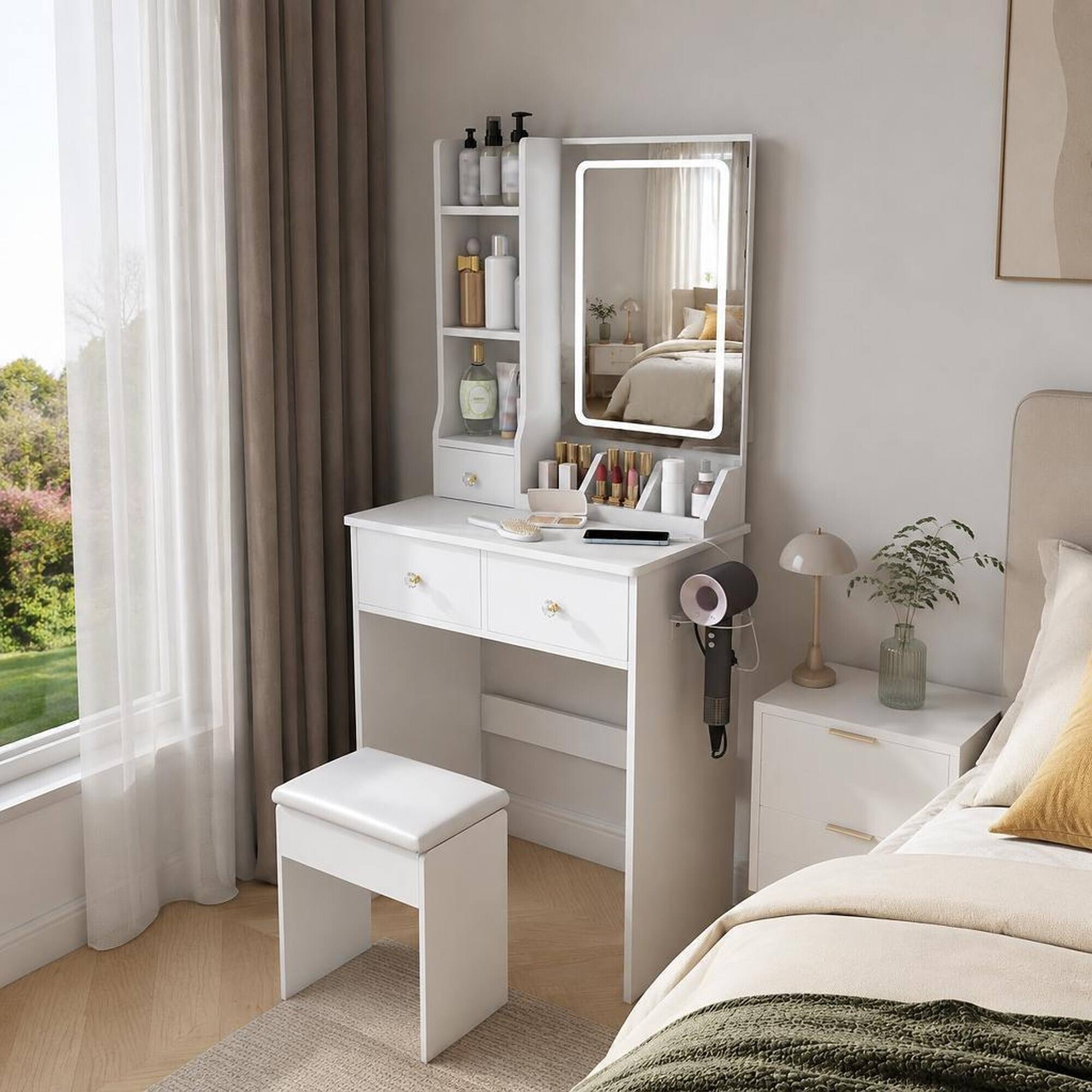 Back. RYHNUYNE - Modern Small Vanity Desk, 3 LED Lighting Modes, 3 Drawers, Open Shelves, Hair Dryer Holder, White - White.