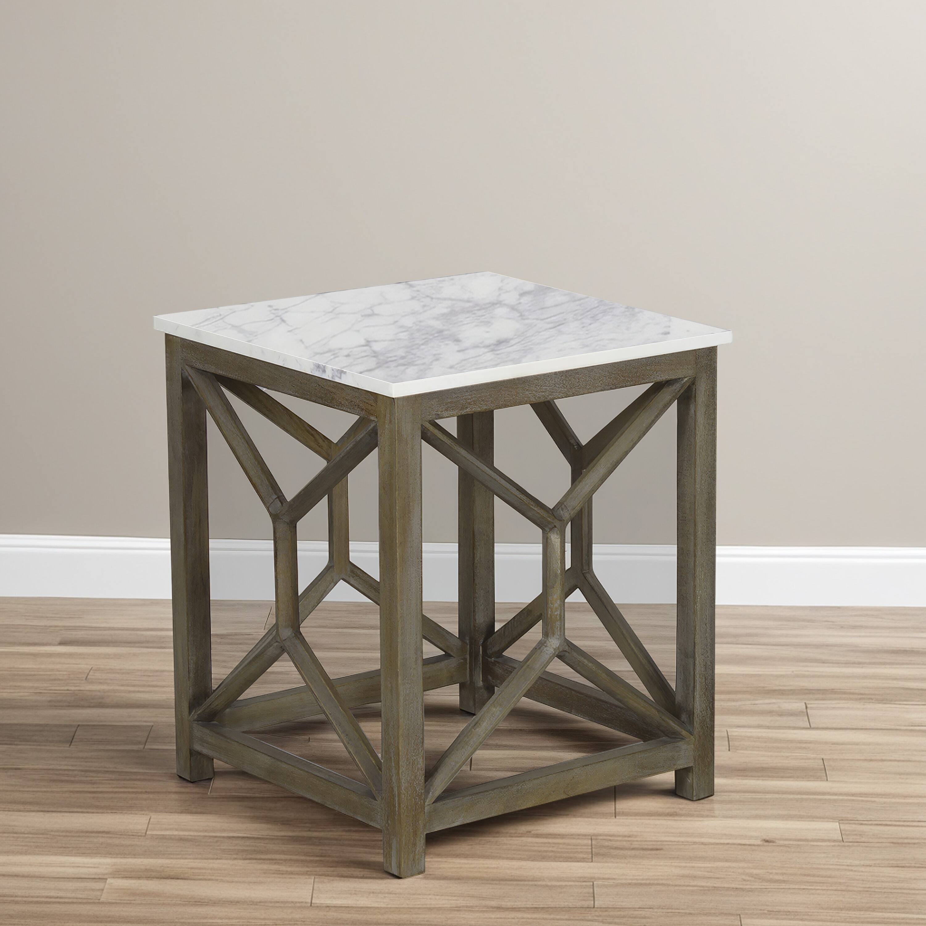 Alt View 8. Manhattan Lane - Agas Side End Table, 22 Inch Square White Genuine Marble Top, Mango Wood Geometric Frame - White, Ash Gray.