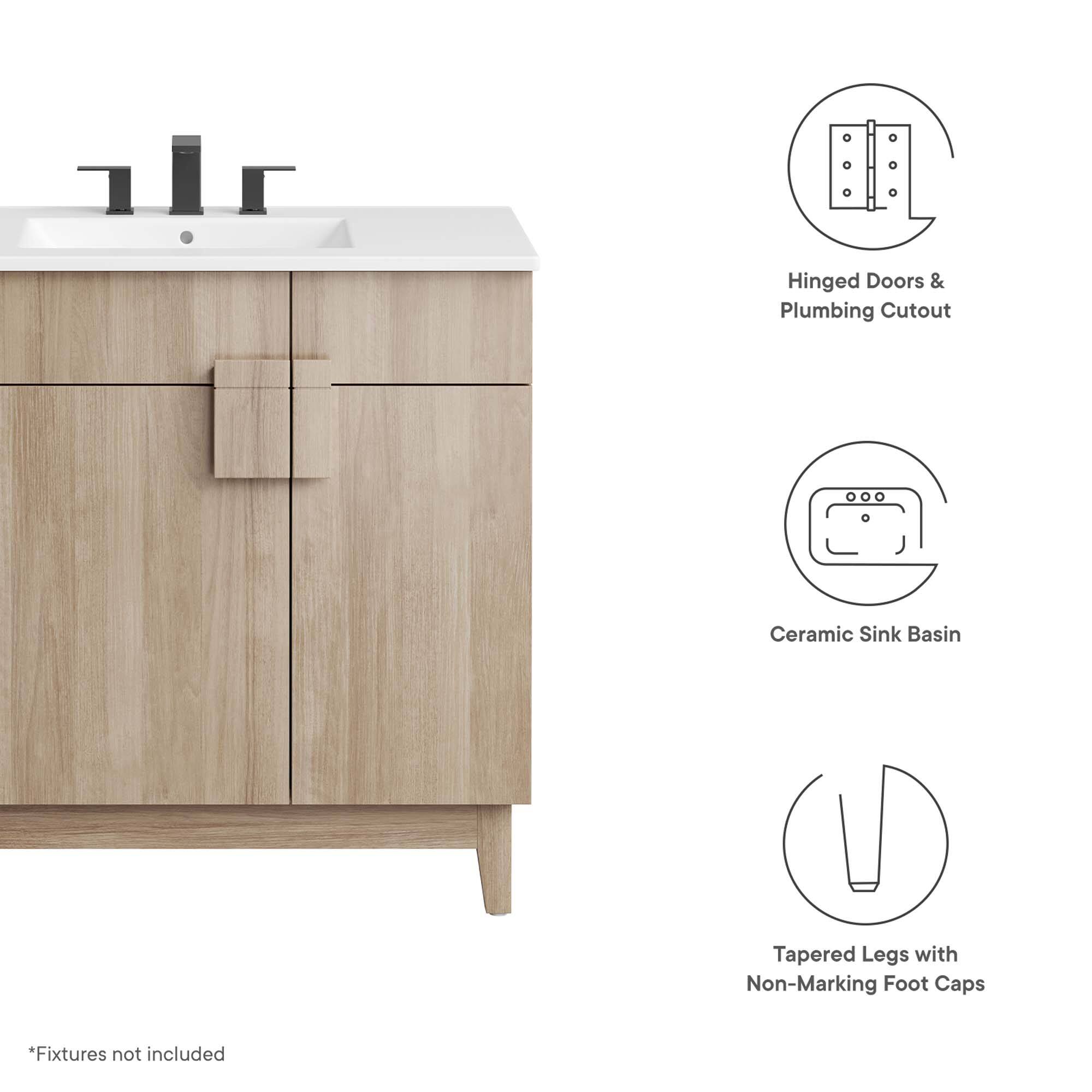 Hinged Doors & Plumbing Cutout  
Ceramic Sink Basin  
Tapered Legs with Non-Marking Foot Caps  

*Fixtures not included