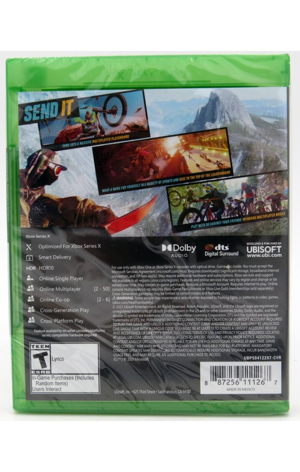 SEND IT
MULTIPLAYER PLAYGROUND MASSIVE VARIETY SPORTS YOURSELF LEADERBOARD MULTIPLAYER MODES FRIENDS INSANE AGAINST

DEVELOPED X
Optimized Xbox Series
dts Dolby
UBISOFT
AUDIO Digital Surround
www.ubi.com
Smart Delivery
HDR HDR10
consoles optical Gamesc accept Microsoft Services Agreement (microsoft.com/msa), Requires download(s) (significant storage broadband internet connection apply). require additional hardware subscriptions. services support

Online Single Player
available (xbox.com/regions)
Features services region change regions in-game purchases Requires Microsoft Account Requires internet

Online Multiplayer multiplayer/co-op requires Ultimate (memberships separately).
Cross-Generation gameplay limited features.

Online
AWARNING people experience exposed flashing patterns games
Co-op (xbox.com/healthandsafety)
Entertainment.
Rights Reserved Republic Ubisoft Ubisoft registered
Cross-Generation Play unregistered trademarks Ubisoft Ent