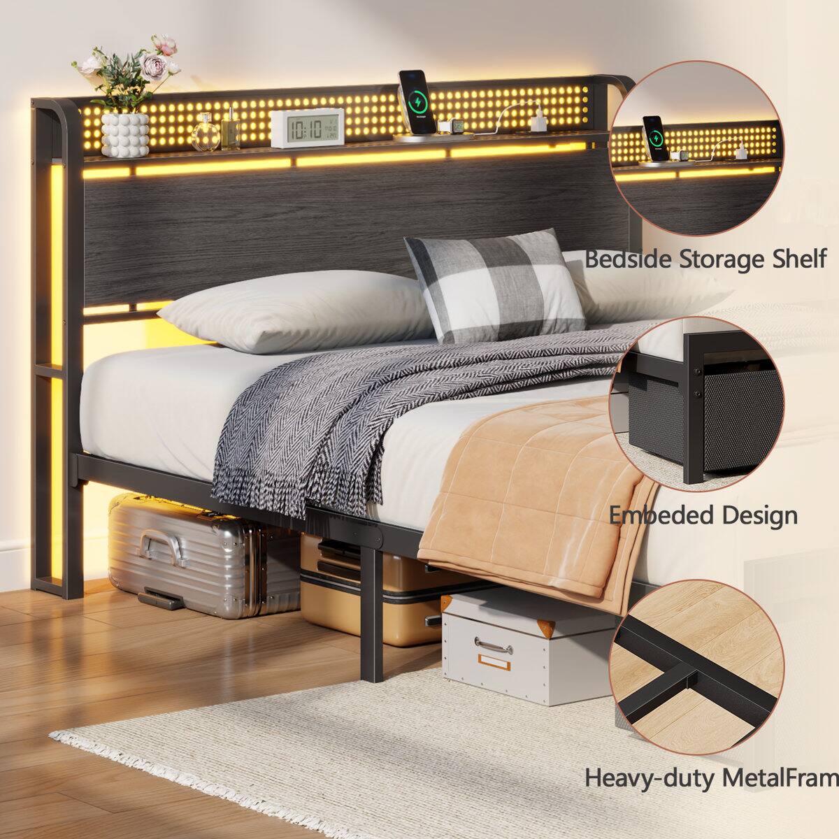 0:10 Bedside Storage Shelf Embedded Design Heavy-duty Metal Frame