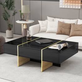 Tiramisubest - Minimalist High Gloss Coffee Table with 2 Drawers,Multi-Storage Rectangle Sofa Table with Golden Wood Grain Legs - Black