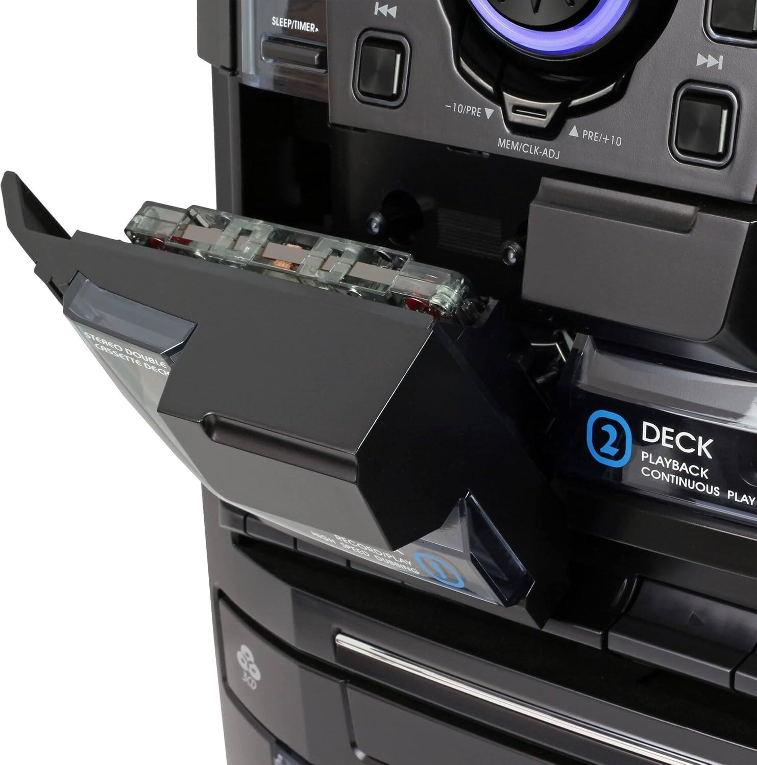 SLEEP/TIMER, K, -10/PRE, PRE/+10, MEM/CLK-ADJ, STEREO DOUBLE DECK, 2 DECK, PLAYBACK, CONTINUOUS PLAY