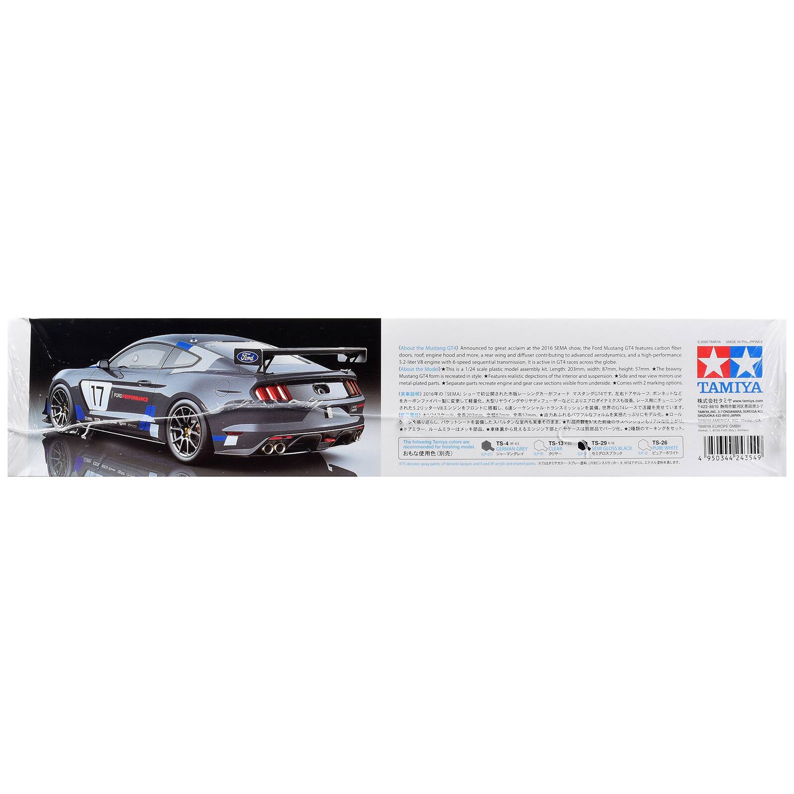 About the Mustang (T4) Announced to great acclaim at the 2016 SEMA show, the Ford Mustang GT4 features carbon fiber doors, engine hood and more, aerodynamic wing and diffuser contributing to advanced aerodynamics, and a high-performance 5.2-liter V8 engine with 6-speed sequential transmission. This GT4 races across the globe. The Ford Mustang GT4 is recreated in style. Features realistic depictions of the interior, suspension, side mirrors and more. Use metal or metal-plated separate parts for the engine gear sections. Underbody comes with masking options. TAMIYA

www.al-ain.com

JUDO

be following sulors DE TS-4 Y fnishing model, GERMANGREY CLEAR

MI dersider specents sape

TS-29  
TS-06  
950344 243549