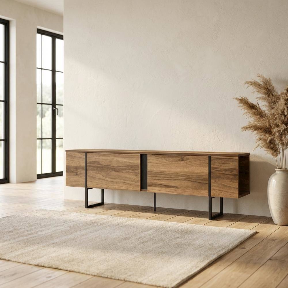 Alt View 2. FurniFact - Walnut Modern TV Stand and Media Console with Engineered Wood Finish - Brown.