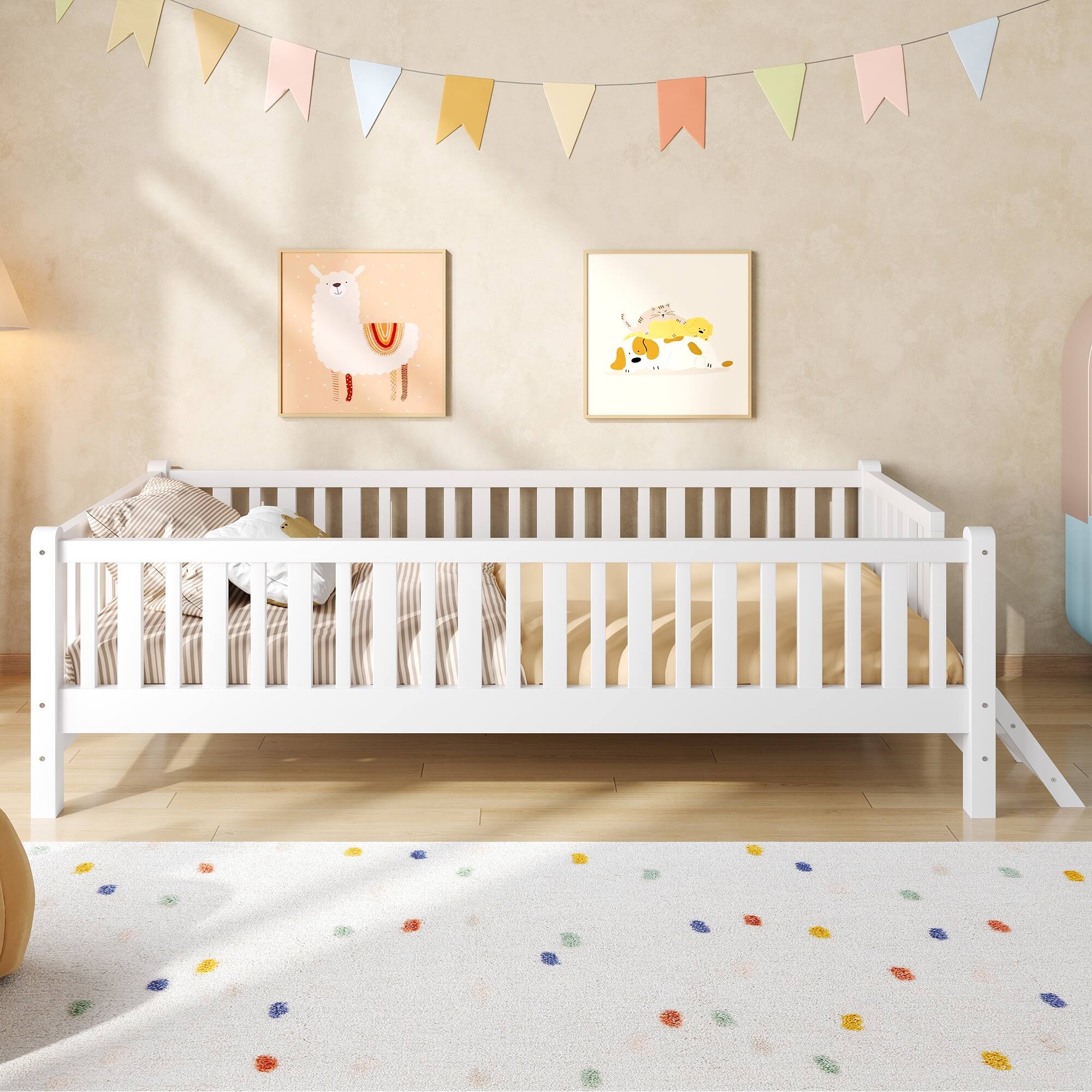Left. Whisen - Twin Size Wood Platform Bed with Full-Surrounding Guardrails, Sturdy Kids' Bed Frame - White.