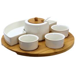 Elama - 8 Piece Appetizer Serving Set with 4 Serving Dishes, Center Condiment Server, Spoon, and Bamboo Serving Tray - Brown