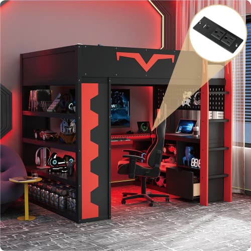 Anysun - Full Size Gaming Loft Bed with Desk & RGB Lights - Pro-Gamer Bed with Power Outlet, Bookshelf, Pegboard & Storage Drawer - Red