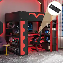 Anysun - Full Size Gaming Loft Bed with Desk & RGB Lights - Pro-Gamer Bed with Power Outlet, Bookshelf, Pegboard & Storage Drawer - Red