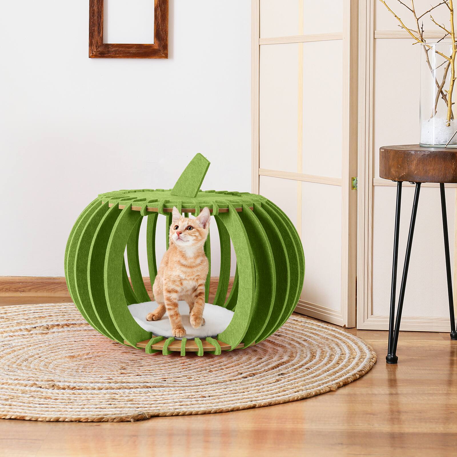 Alt View 4. Oumilen - Green Pumpkin Cat Bed Cave | 2-in-1 Felt Cat Hideaway with Toy Ball, Easy Assembly Cat House for Indoor Cats - Green.