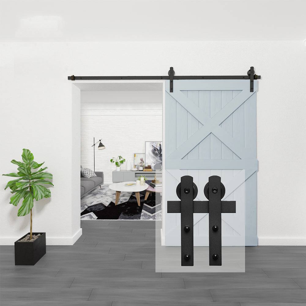 Alt View 1. Boyel Living - 8 ft./96 in. Black Sliding Barn Door Track and Hardware Kit with I-Shape Hanger For Single Door - Black.