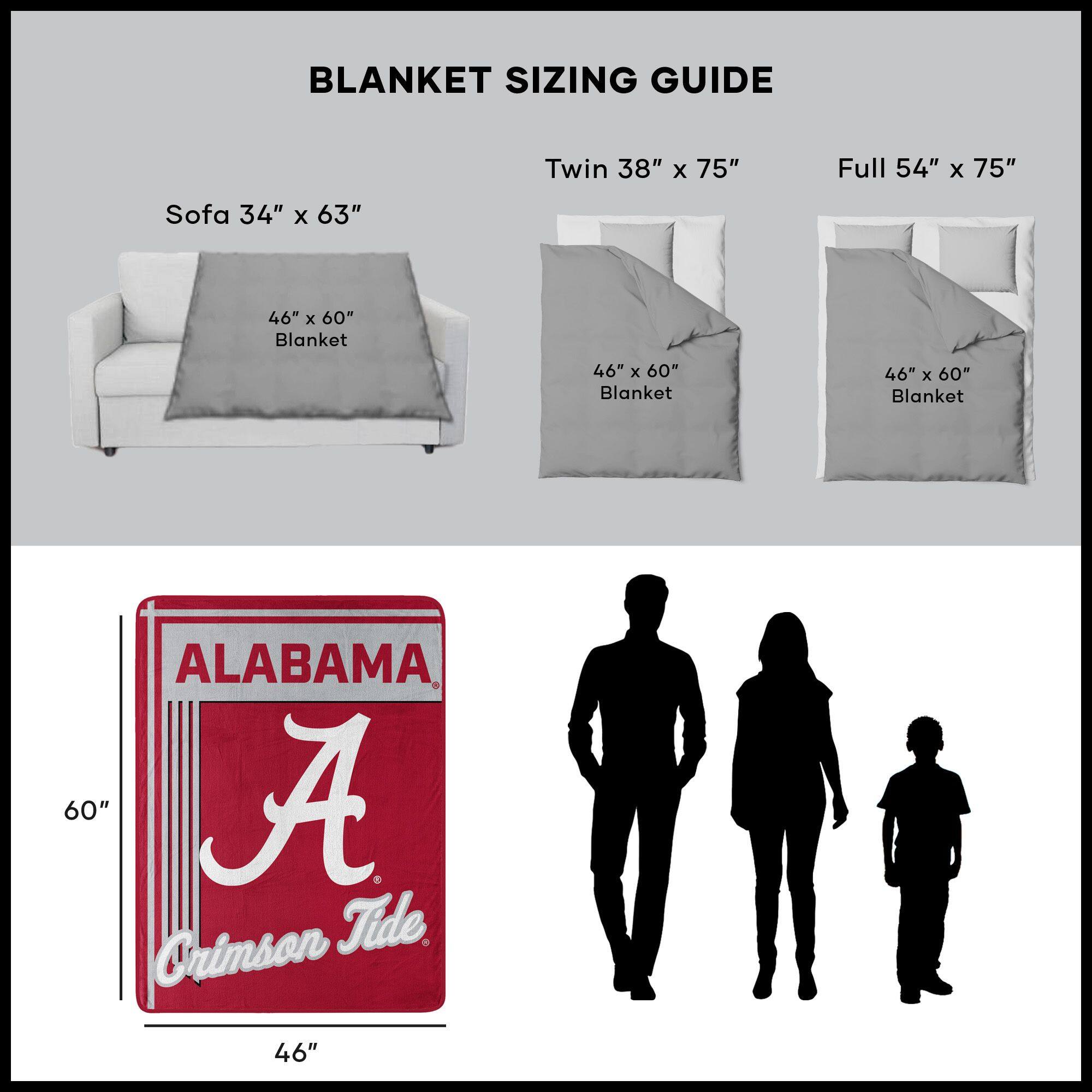 BLANKET SIZING GUIDE

Sofa 34" x 63"  
46" x 60" Blanket

Twin 38" x 75"  
46" x 60" Blanket

Full 54" x 75"  
46" x 60" Blanket

ALABAMA  
Crimson Tide  
46" x 60"
