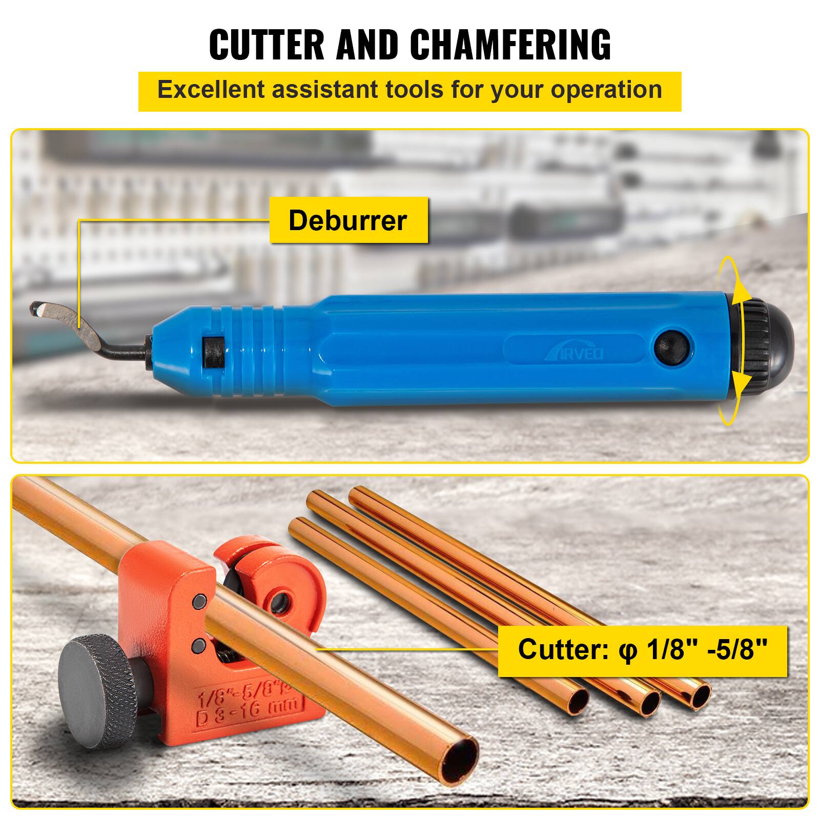 CUTTER AND CHAMFERING  
Excellent assistant tools for your operation  

Deburrer  
Cutter: φ 1/8" - 5/8"  

1/8" - 5/8"  
D 8-16 mm