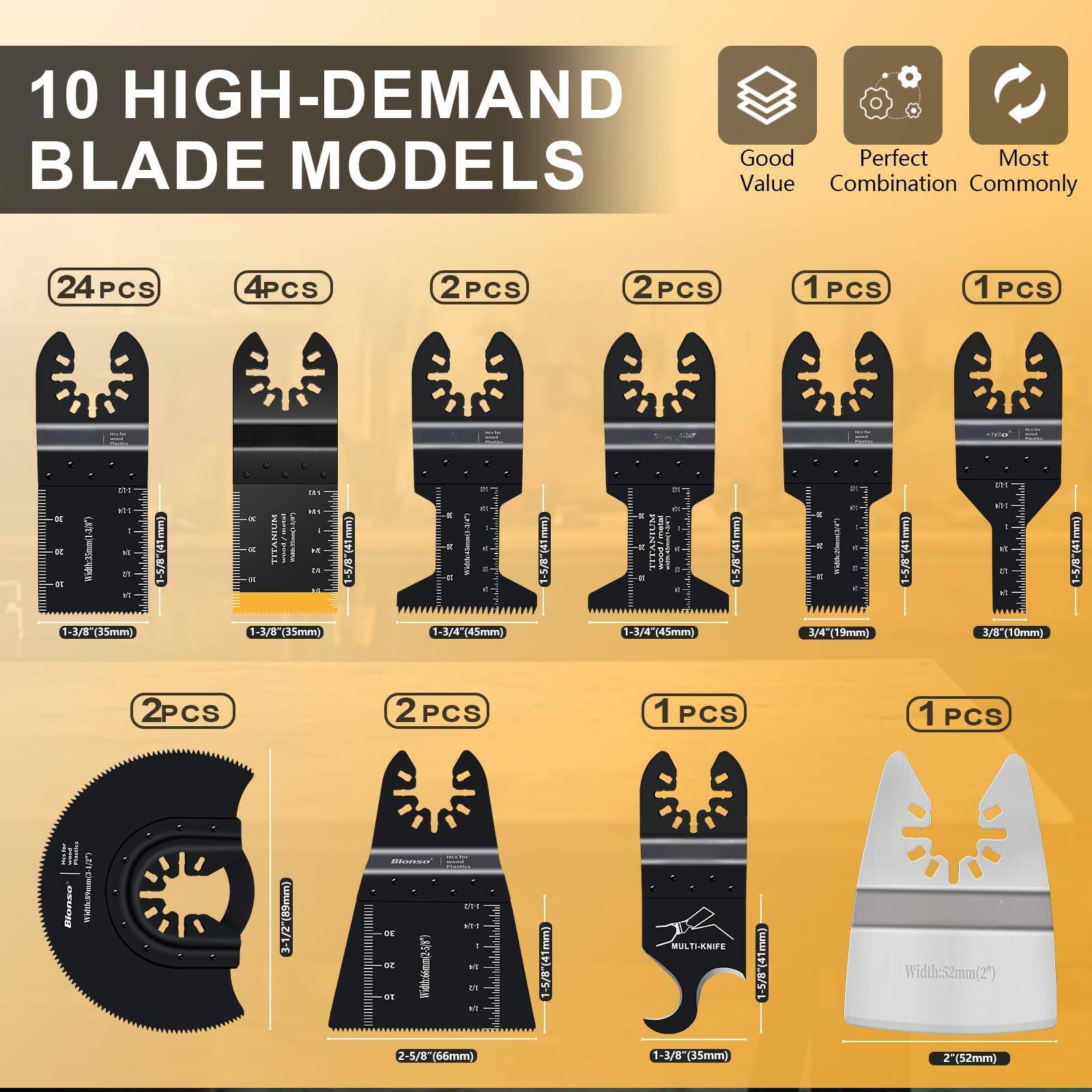 10 HIGH-DEMAND BLADE MODELS

- 24 PCS
  - 1-5/8" (41mm)

- 4 PCS
  - 1-3/8" (35mm)

- 2 PCS
  - 1-3/8" (35mm)

- 2 PCS
  - 1-1/4" (45mm)

- 1 PCS
  - 3/4" (19mm)

- 1 PCS
  - 3/8" (10mm)

- 2 PCS
  - 3-1/2" (89mm)

- 2 PCS
  - 2-5/8" (66mm)

- 1 PCS
  - 1-3/8" (35mm)

- 1 PCS
  - 2" (52mm)

Good Value
Perfect Combination
Most Commonly

Width: 52mm (2")