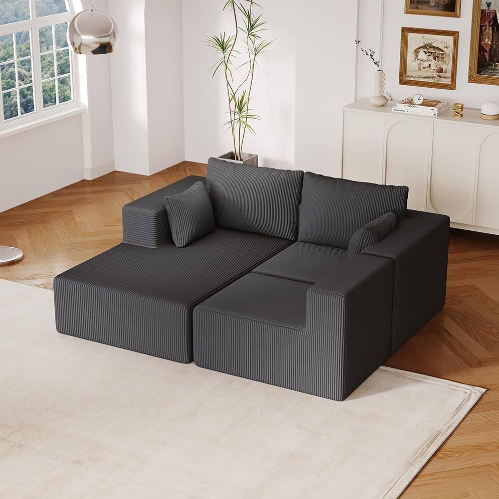 Alt View 4. Trinkets Crazed - 108.3in Sectional Foam Couch, Corduroy Fabric L Shape Sofa with Chaise Lounge - dark gray.