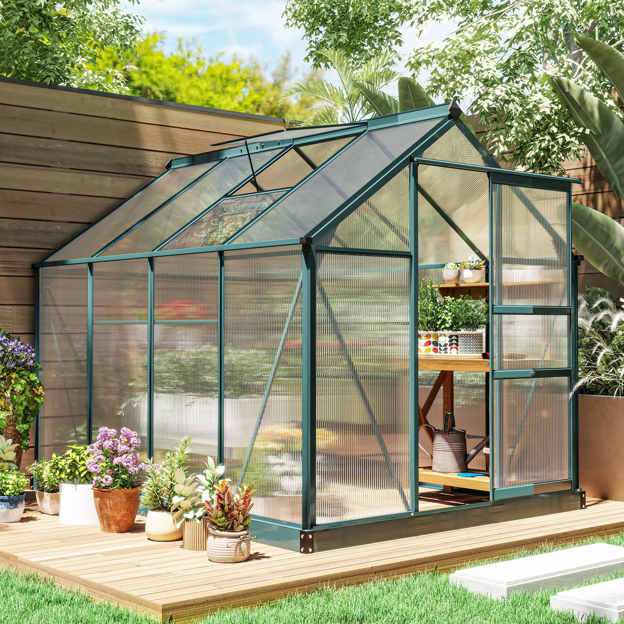 Alt View 1. Outsunny - 6' x 8' Greenhouse for Outdoors, Polycarbonate Greenhouse with Rain Gutter and Roof Vent, Aluminum Walk-in Green House.