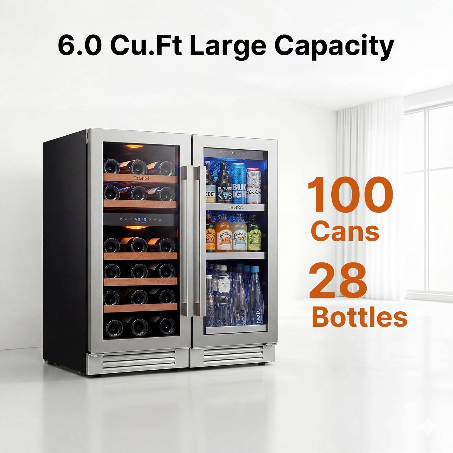 6.0 Cu.Ft Large Capacity

100 Cans
28 Bottles