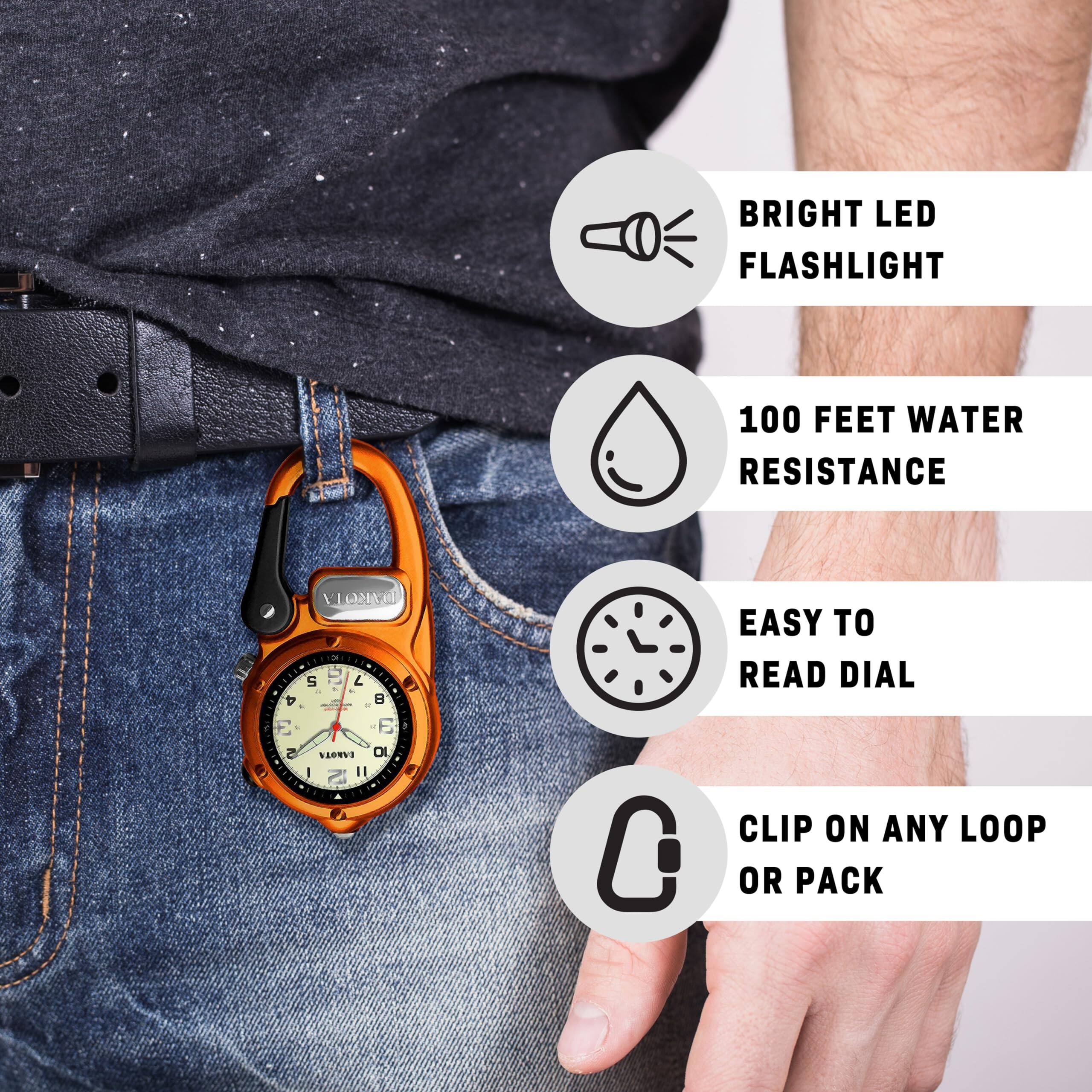 BRIGHT LED FLASHLIGHT  
100 FEET WATER RESISTANCE  
EASY TO READ DIAL  
CLIP ON ANY LOOP OR PACK