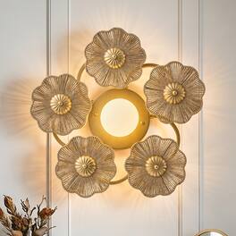 Parrot Uncle - Antique Modern Farmhouse Hand-Woven Raffia Rope Five Flower-Shaped Frosted Globe LED Wall Lamp Ceiling Light - Gold