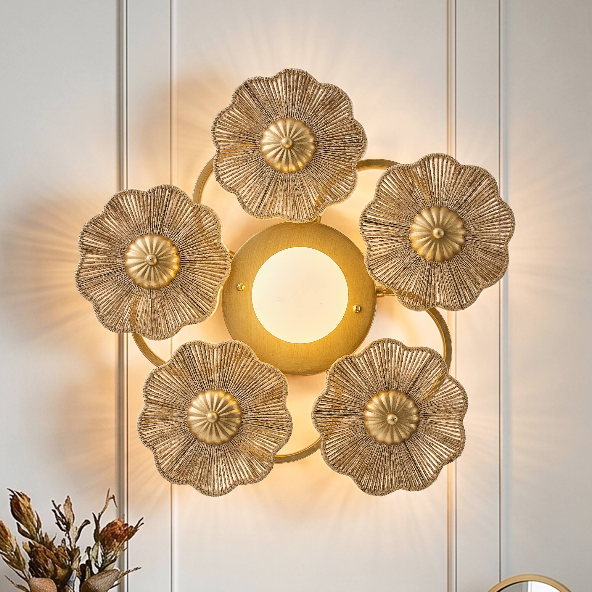 Front. Parrot Uncle - Antique Gold Modern Farmhouse Hand-Woven Raffia Rope Five Flower-Shaped Frosted Globe LED Wall Lamp Ceiling Light - Gold.