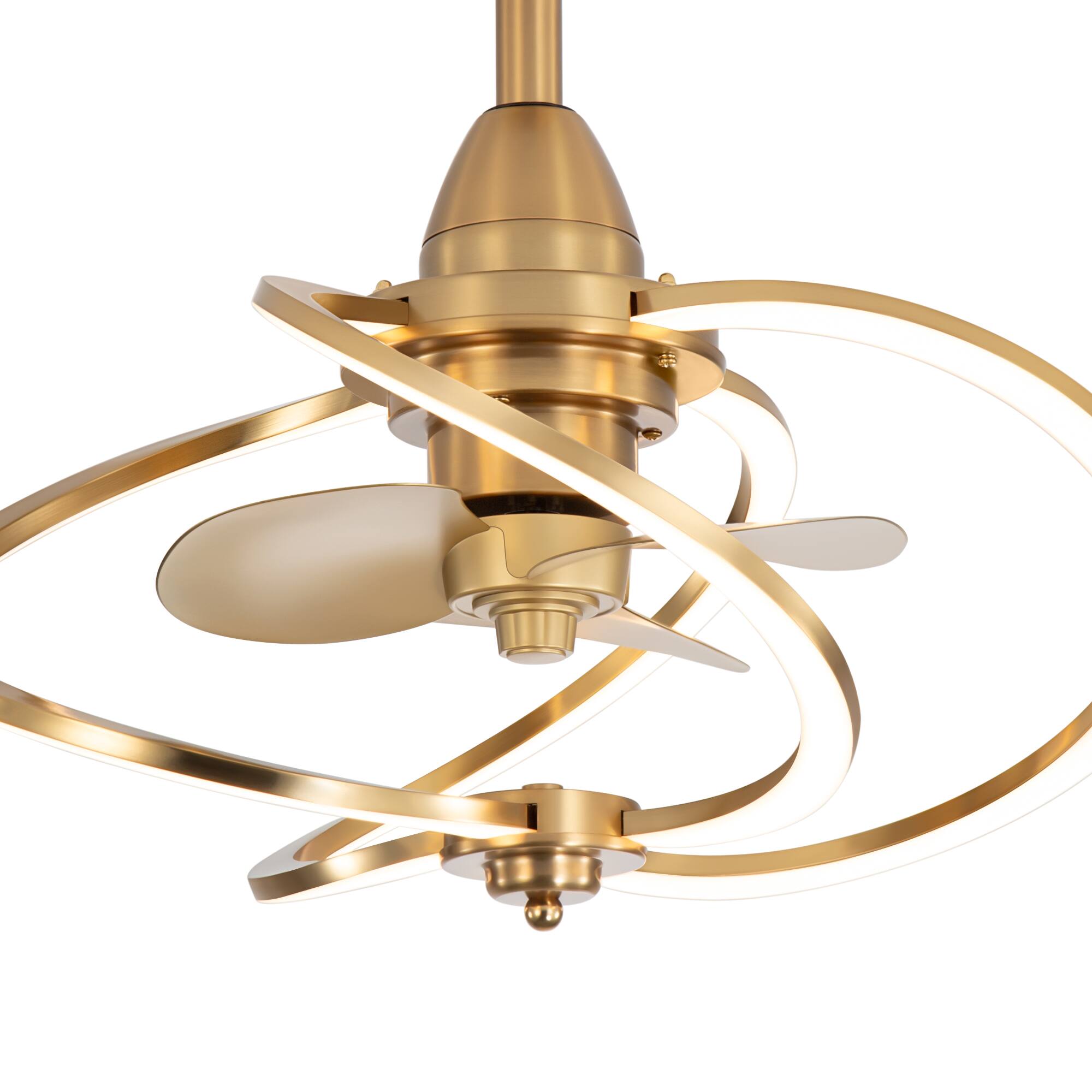 Left. Breezary - 20-Inch Indoor Gyro Cage Ceiling Fan with Light Kit, 3 ABS Blades, DC Motor, 6-Speed Remote Control, Timer, 6-In Downrod - Antique Brass with Gold-Copper.