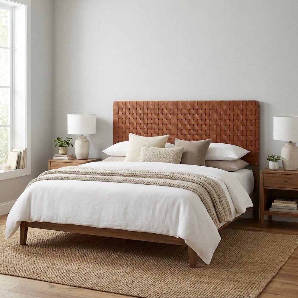 Left. FurniFact - Vegan Leather King Headboard withDesign and Durable Frame - Brown.