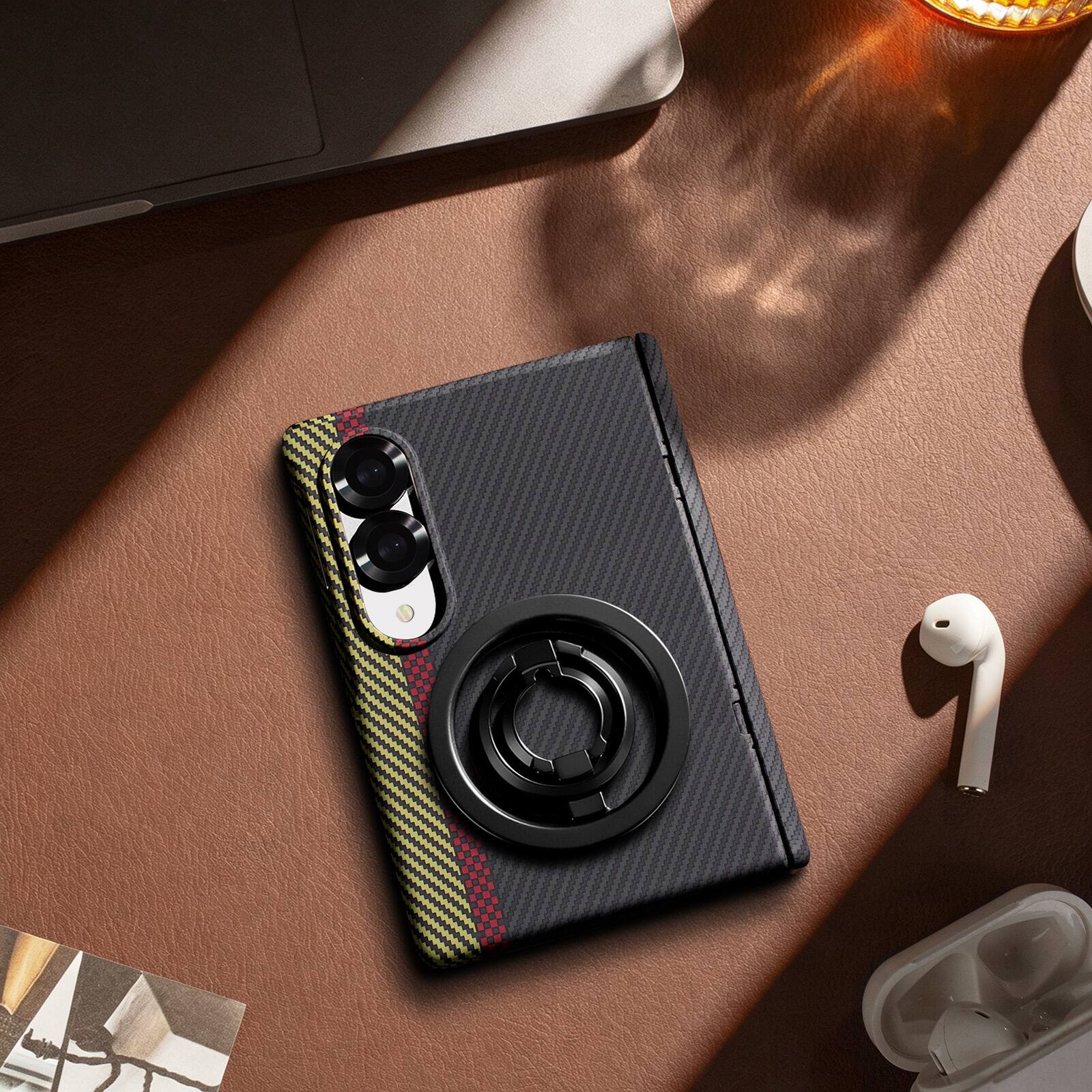 Angle. Dteck - Strong Magnetic Case for Samsung Galaxy Z Fold 8 with Removable Ring Stand, Full Hinge Protection with Screen Cover - Black.
