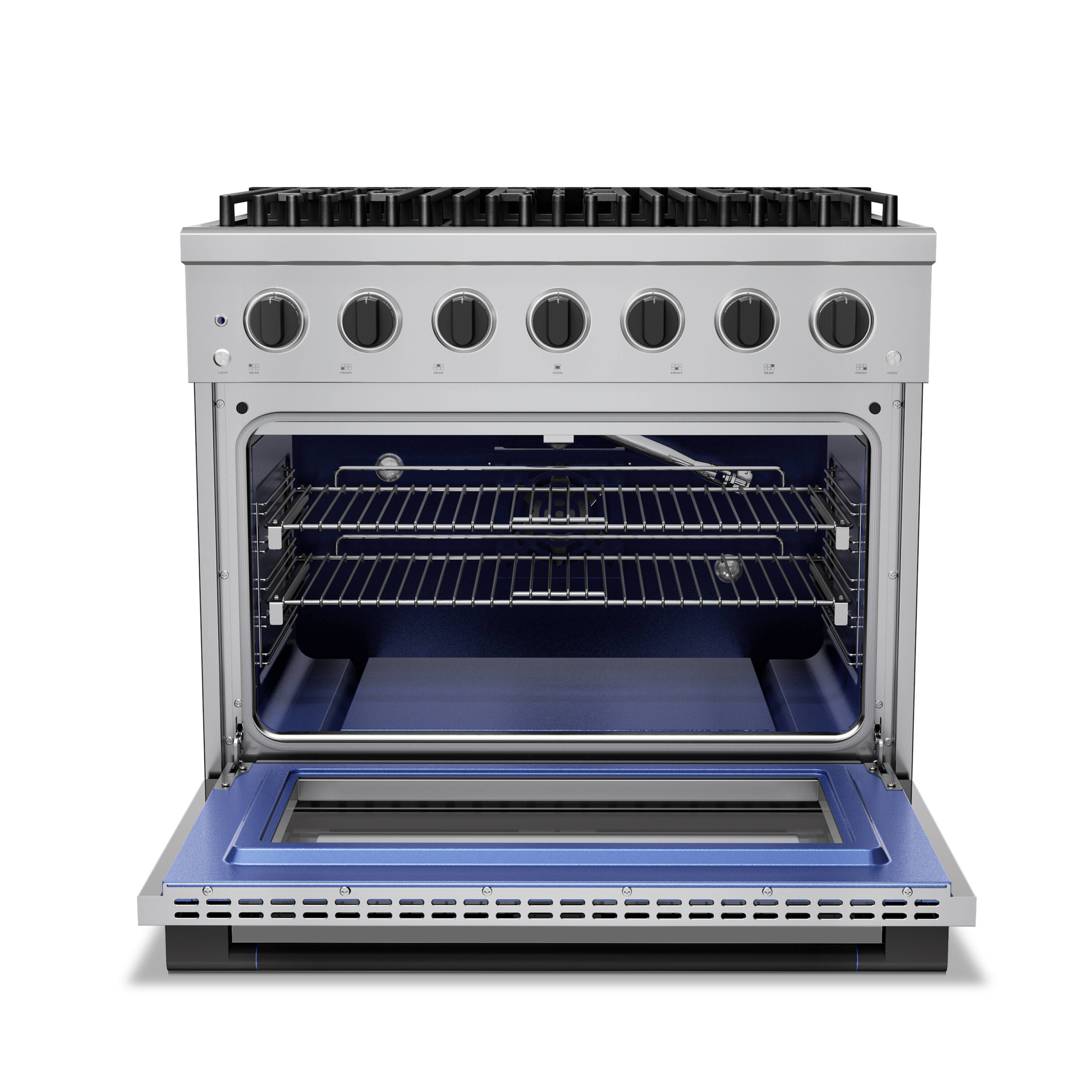 Angle. Hauslane - HausPro 36 in. 6 Burners Gas Range in Matte Black with 20,000 BTU and Convection Oven with 5 Rack Positions - Matte Black.