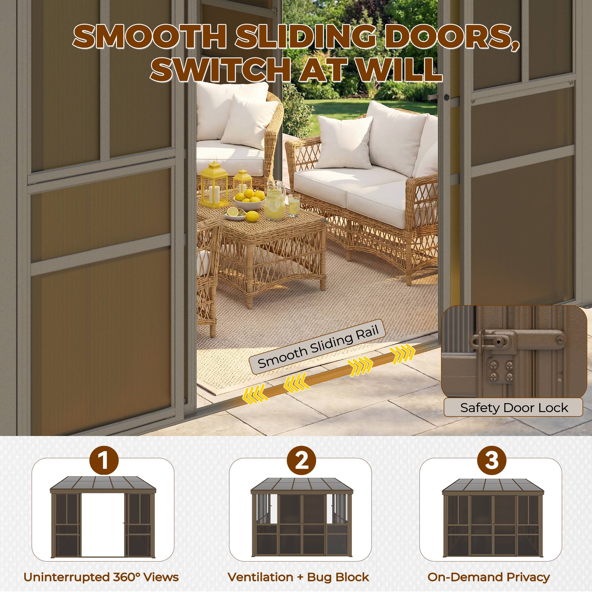 SMOOTH SLIDING DOORS, SWITCH AT WILL

1. Uninterrupted 360° Views
2. Ventilation + Bug Block
3. On-Demand Privacy

Smooth Sliding Rail
Safety Door Lock