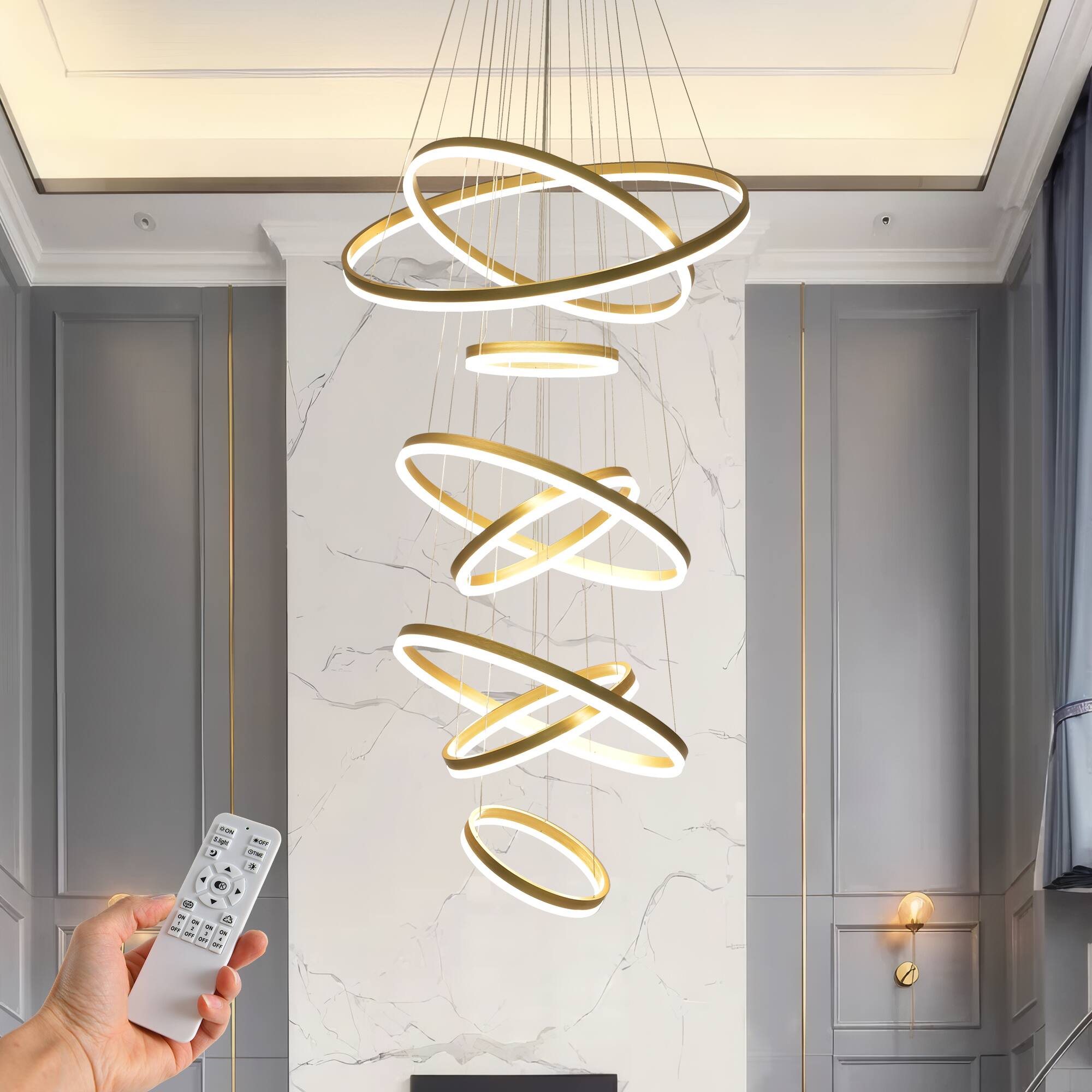Front. RYHNUYNE - Modern 8-Ring LED Chandelier for High Ceilings, Large Adjustable Pendant Light with Remote Control Dimmable.