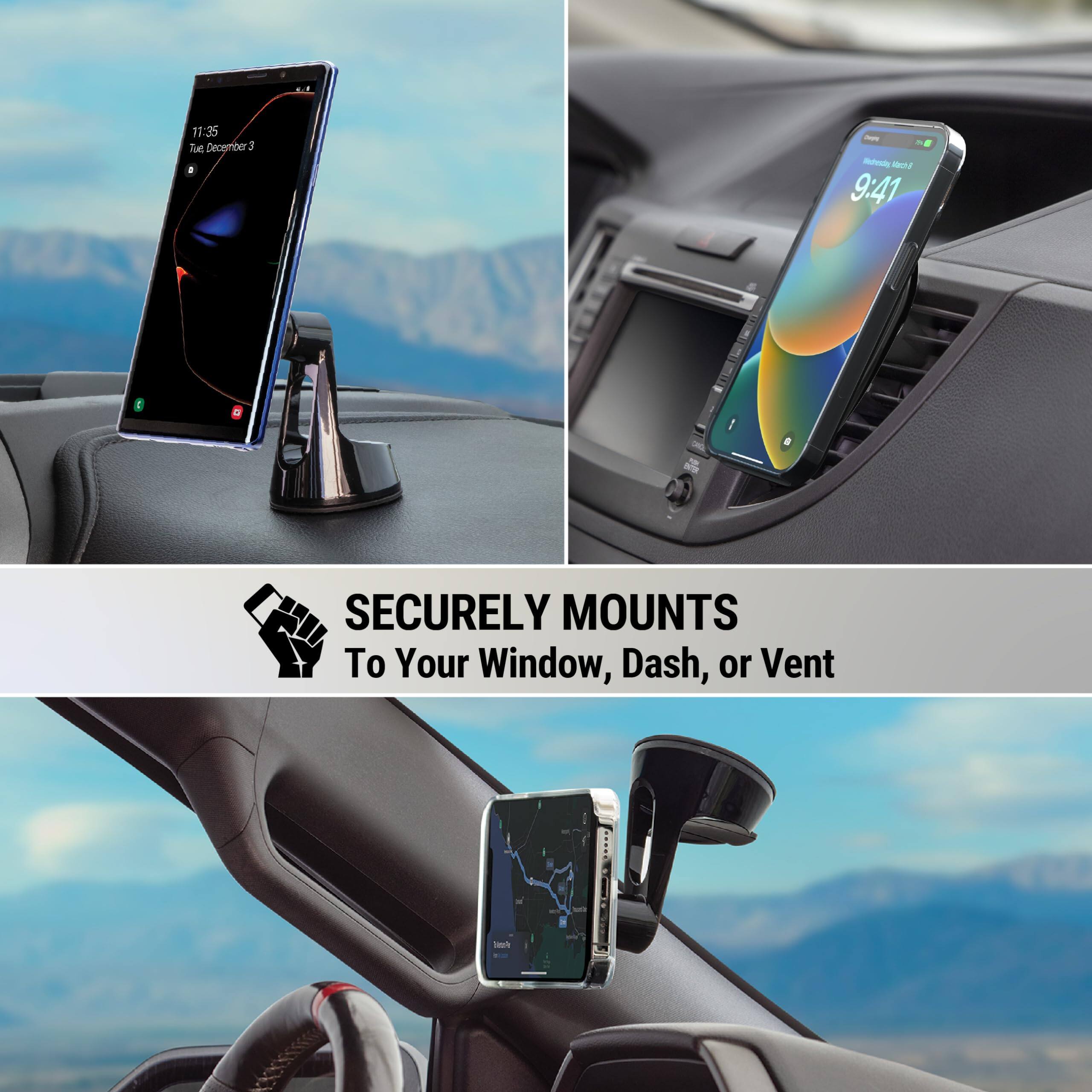 11:35  
Tue, December 3  

9:41  

SECURELY MOUNTS  
To Your Window, Dash, or Vent