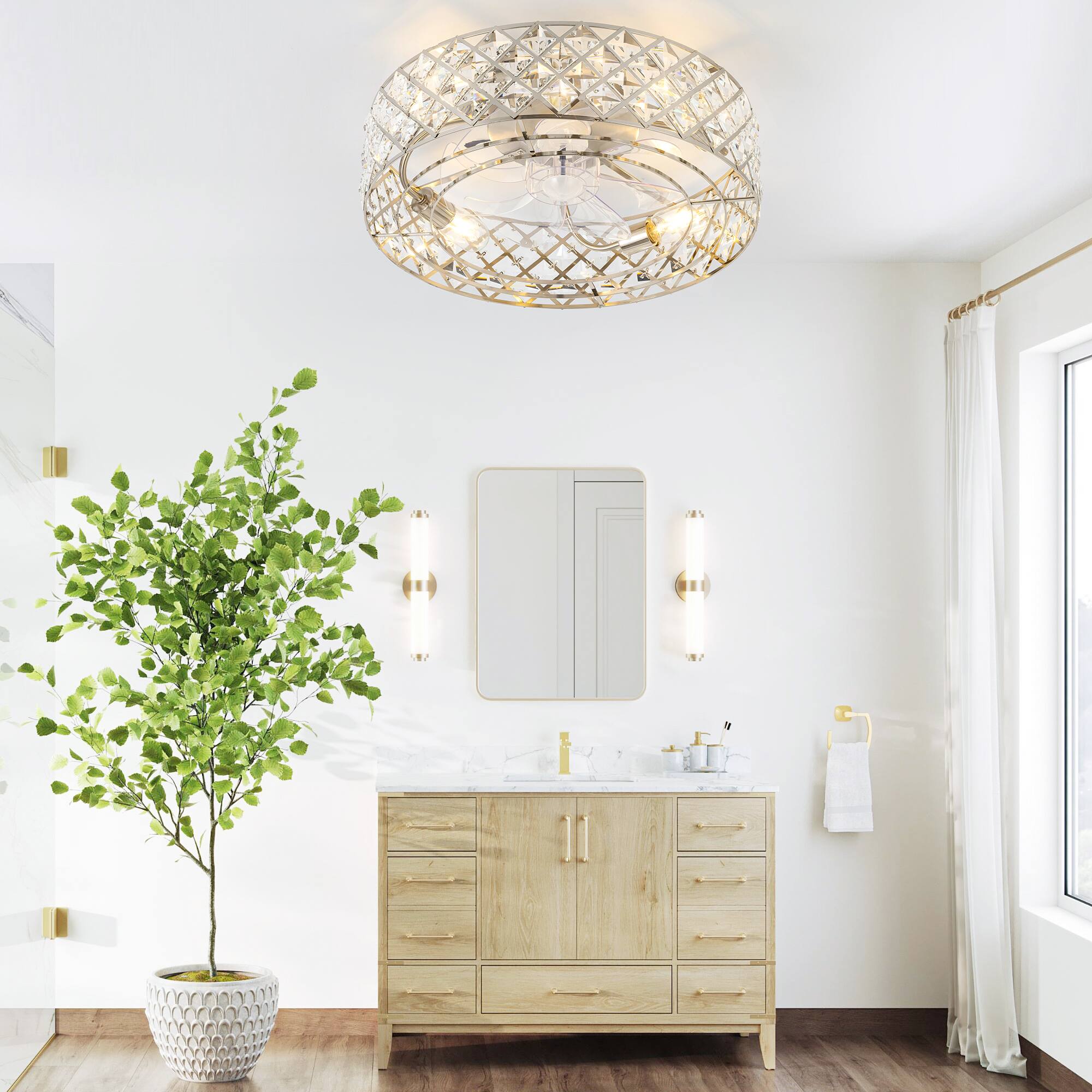 Alt View 1. Breezary - 19-Inch Ceiling Fan with Crystal Cage Shade, 7 Transparent ABS Blades, DC Motor, 6-Speed Remote Control, Timer, E26 Base - Satin Nickel.