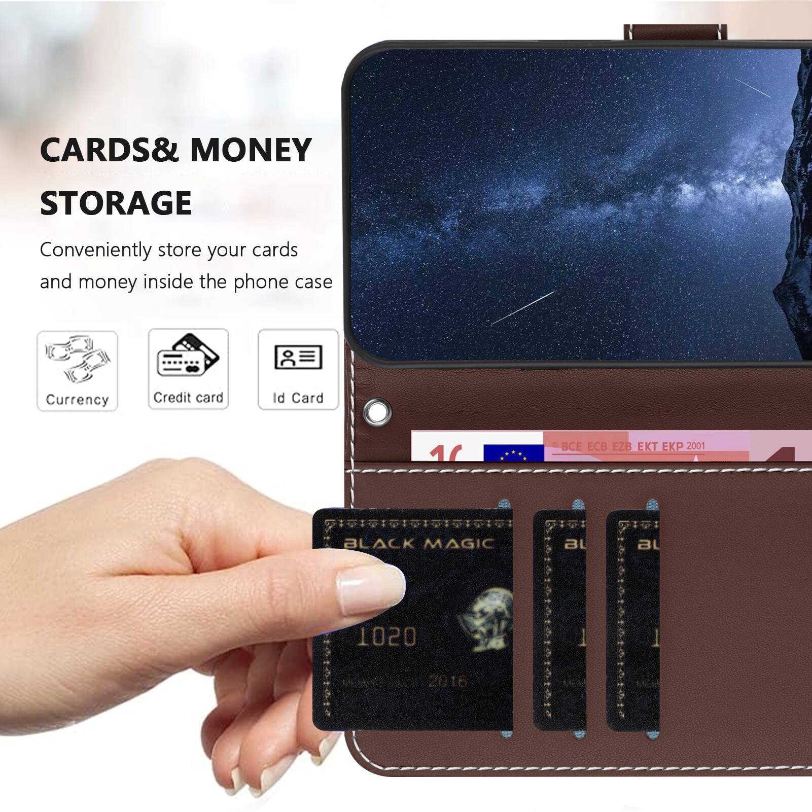 CARDS & MONEY STORAGE  
Conveniently store your cards and money inside the phone case  
Currency  
Credit card  
Id Card  

BLACK MAGIC  
1020  
2016  

BCE ECB EZB EKT EKP 2001